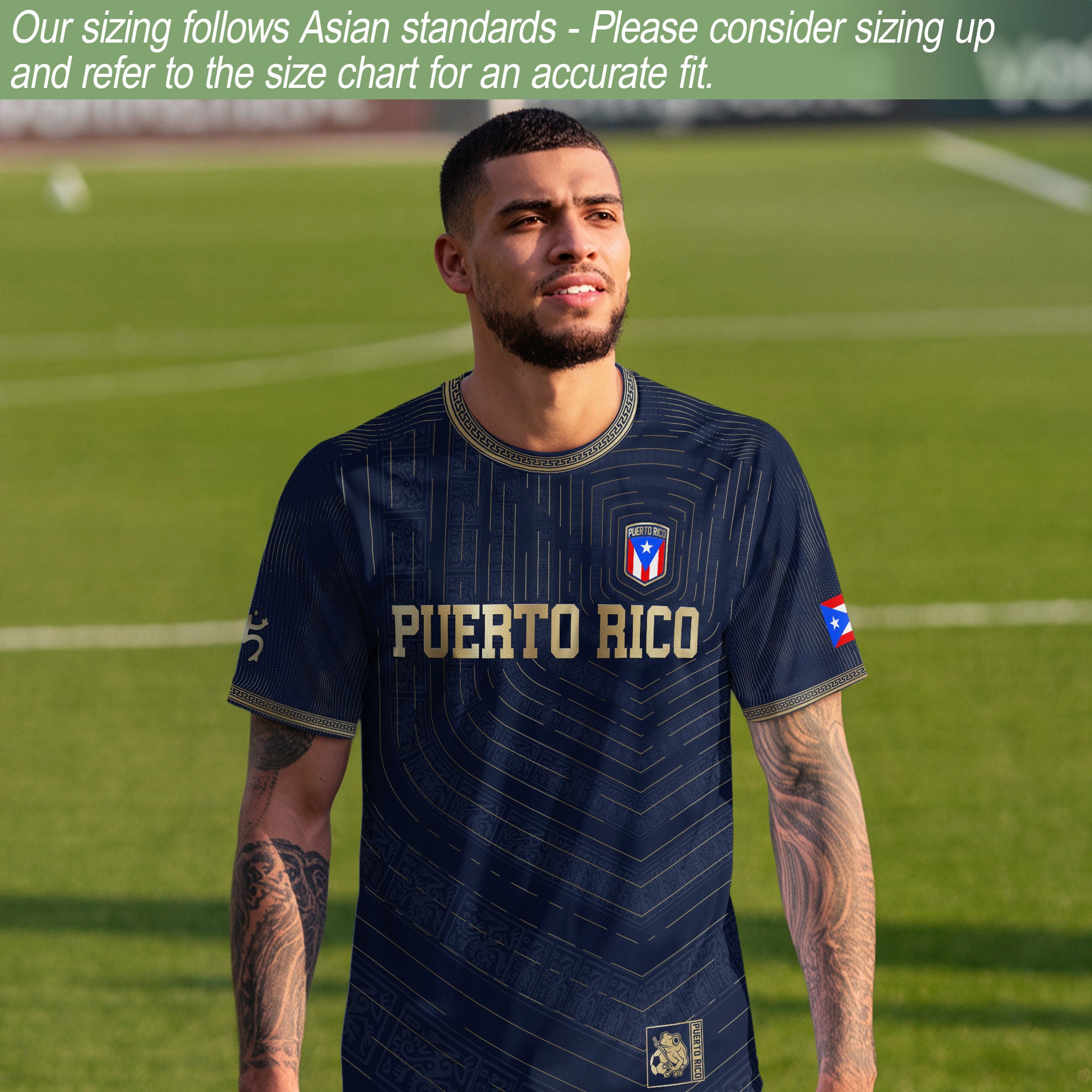 Puerto Rico Boricua Coqui Frog Taino Tribal National Soccer Jersey Navy Gold