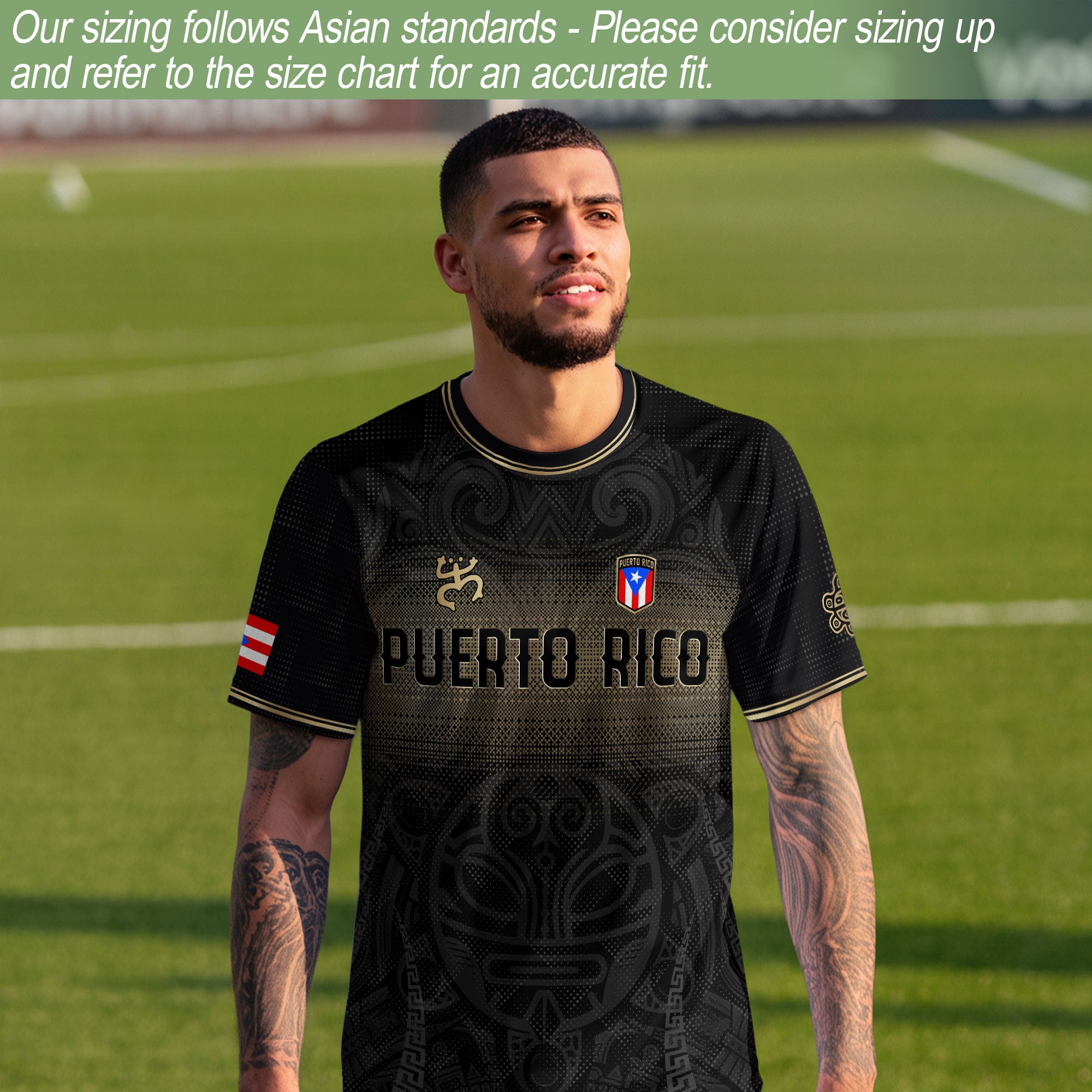 Puerto Rico Boricua Coqui Frog Taino Tribal National Soccer Jersey Black Gold