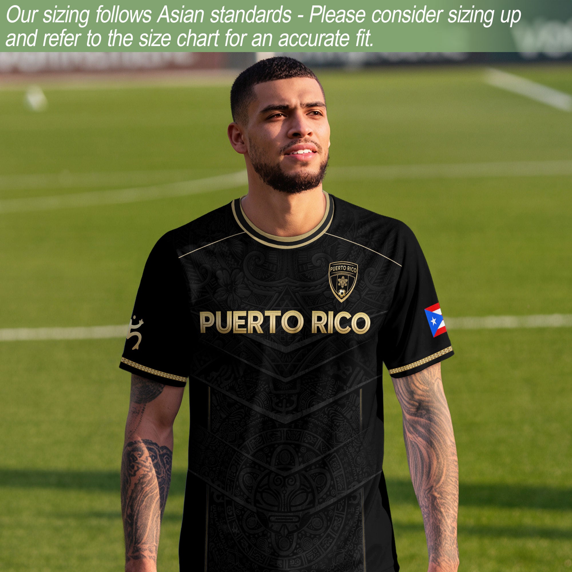 Puerto Rico Soccer Jersey - Black Gold Design with Lion Symbol & Puerto Rico Flag