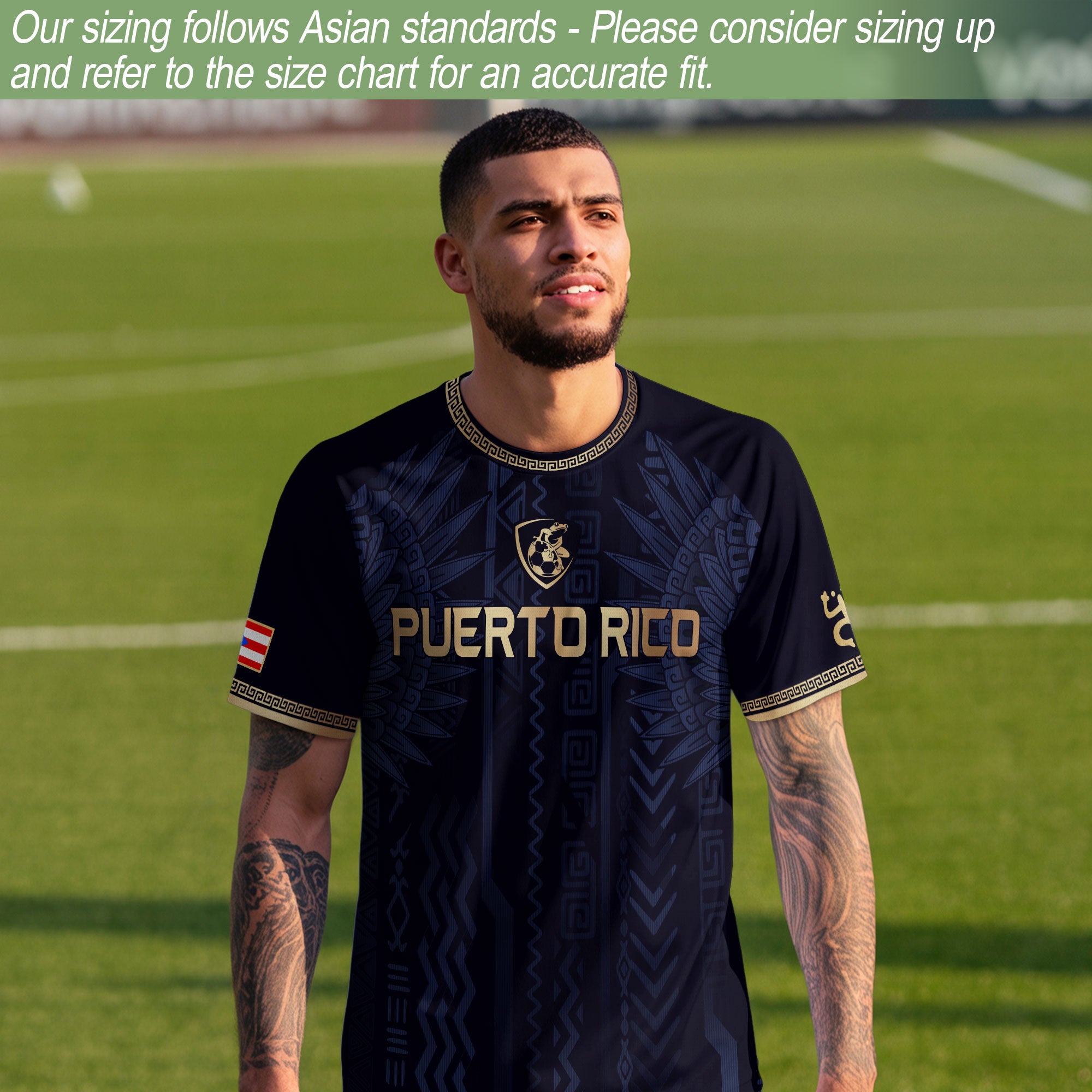 Camiseta de fútbol con máscara taína boricua azul marino de Puerto Rico, bandera tribal, orgullo nacional