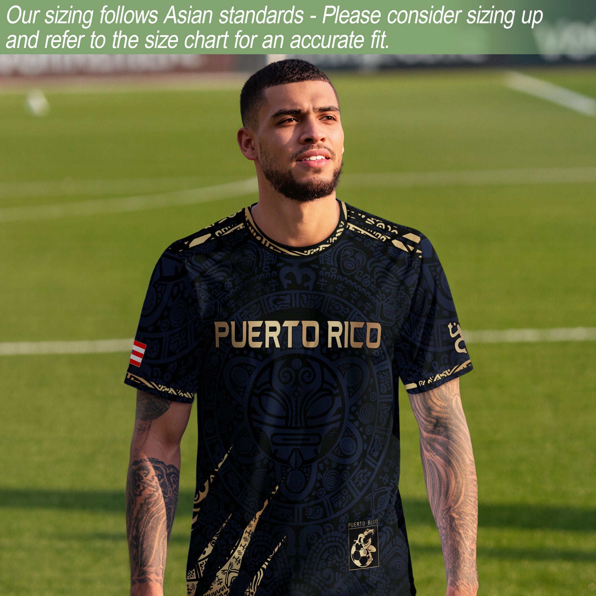 Camiseta de fútbol con máscara taína boricua azul marino de Puerto Rico, bandera tribal, orgullo nacional