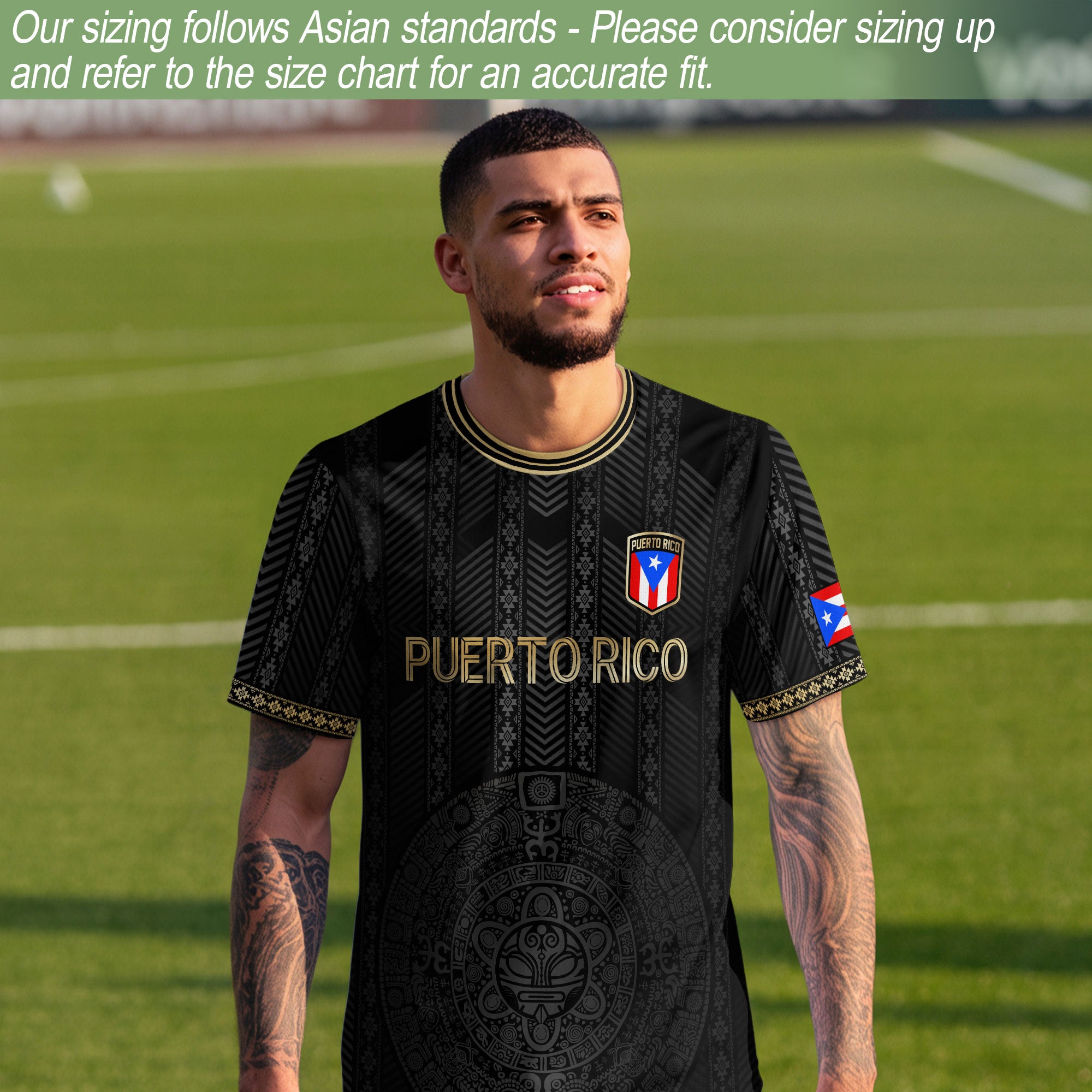 Puerto Rico Flag Boricua Taino Tribal Patterns Gold Black Pride Football Soccer Jersey