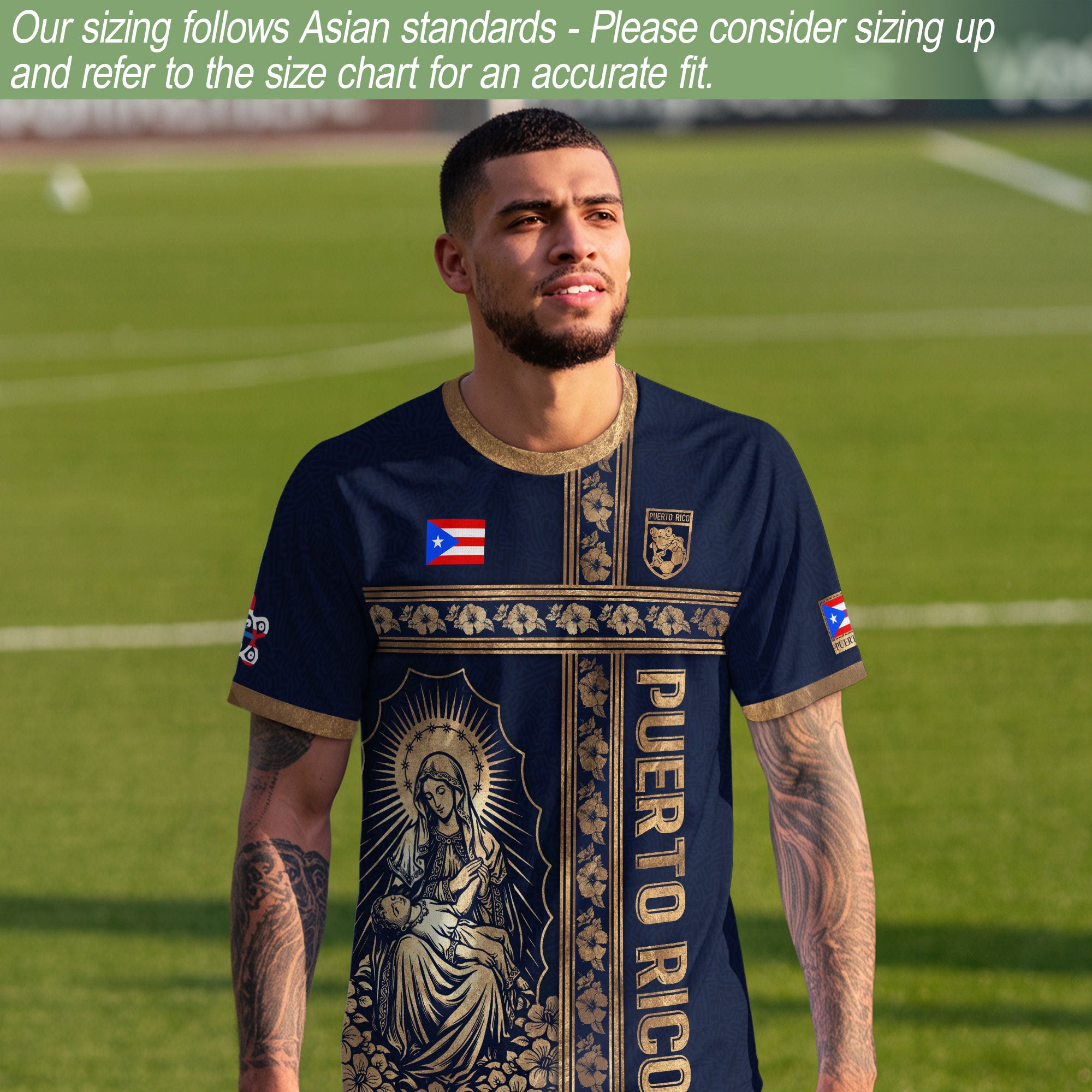 Camiseta de fútbol con máscara taína boricua azul marino de Puerto Rico, bandera tribal, orgullo nacional