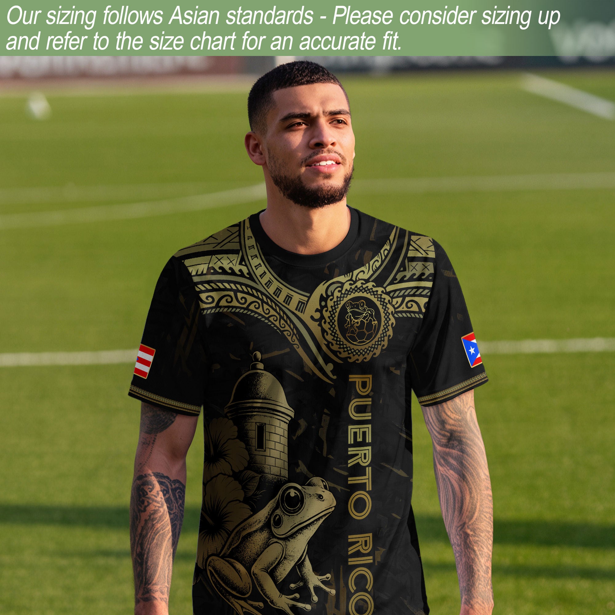 Camiseta de fútbol con máscara taína boricua azul marino de Puerto Rico, bandera tribal, orgullo nacional