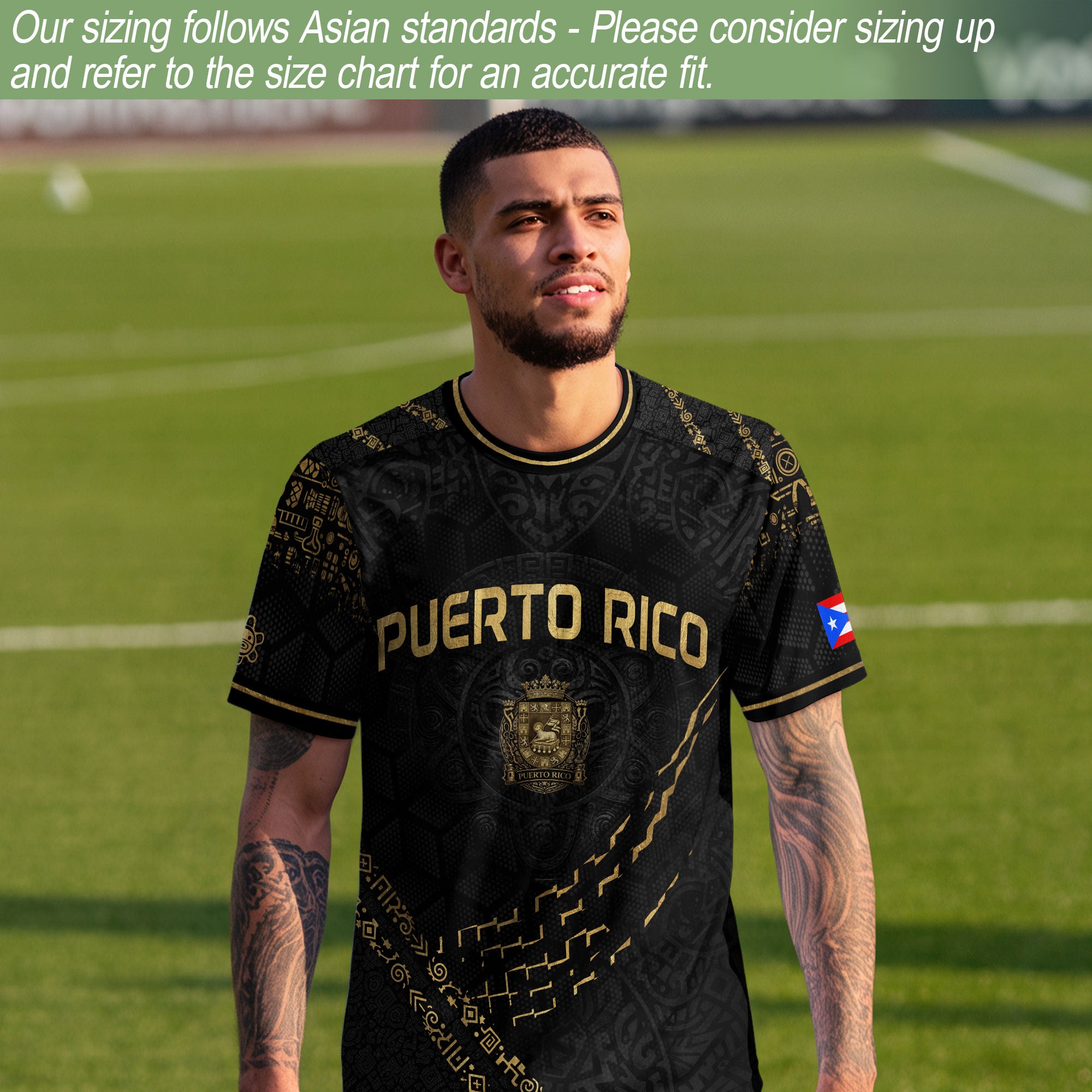 Puerto Rico Soccer Jersey - Elite Black Gold Taino Sun & Shield Heritage Jersey