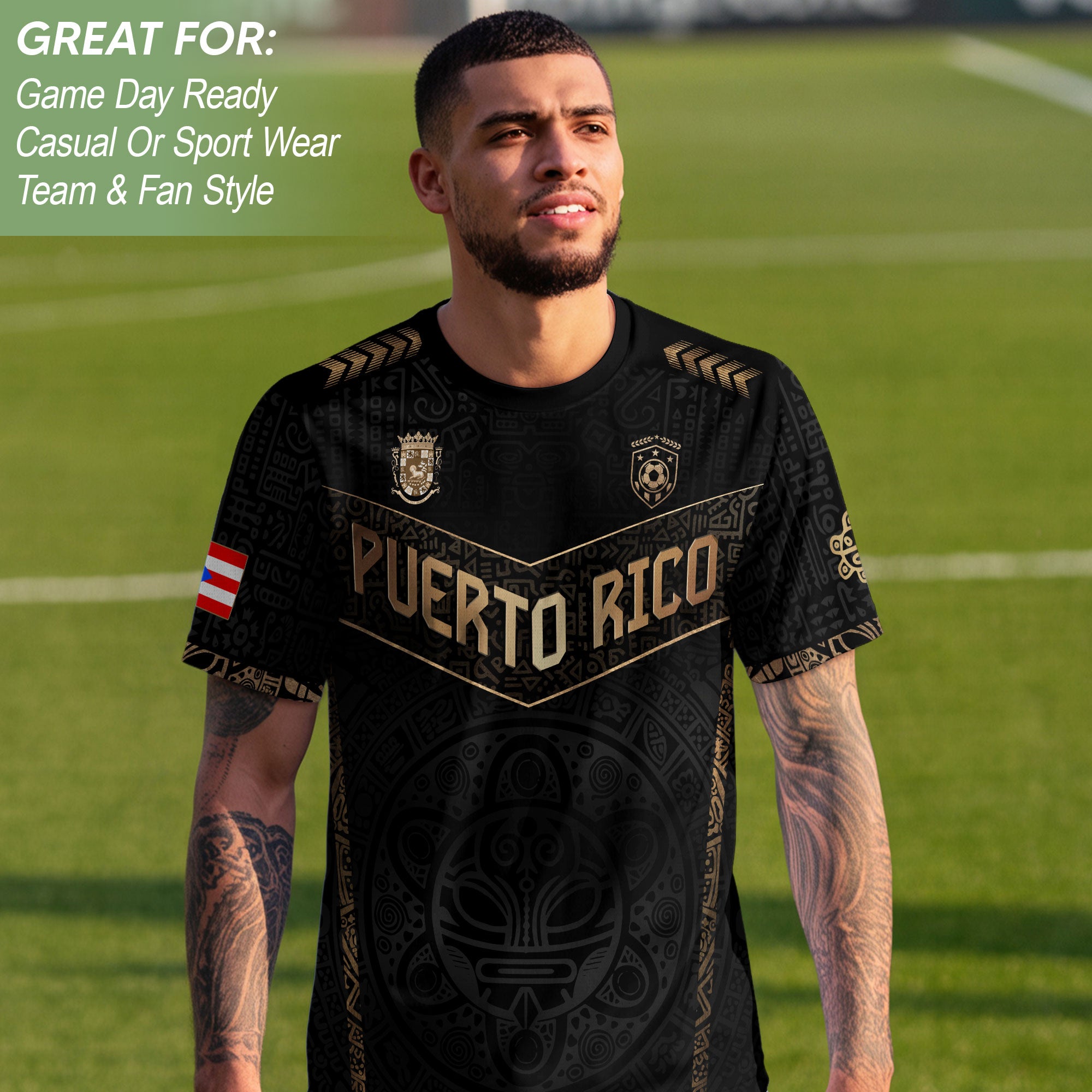Puerto Rico Soccer Jersey Black Gold - Coquí Frog & Taino Sun - V-Shape Tribal Shirt