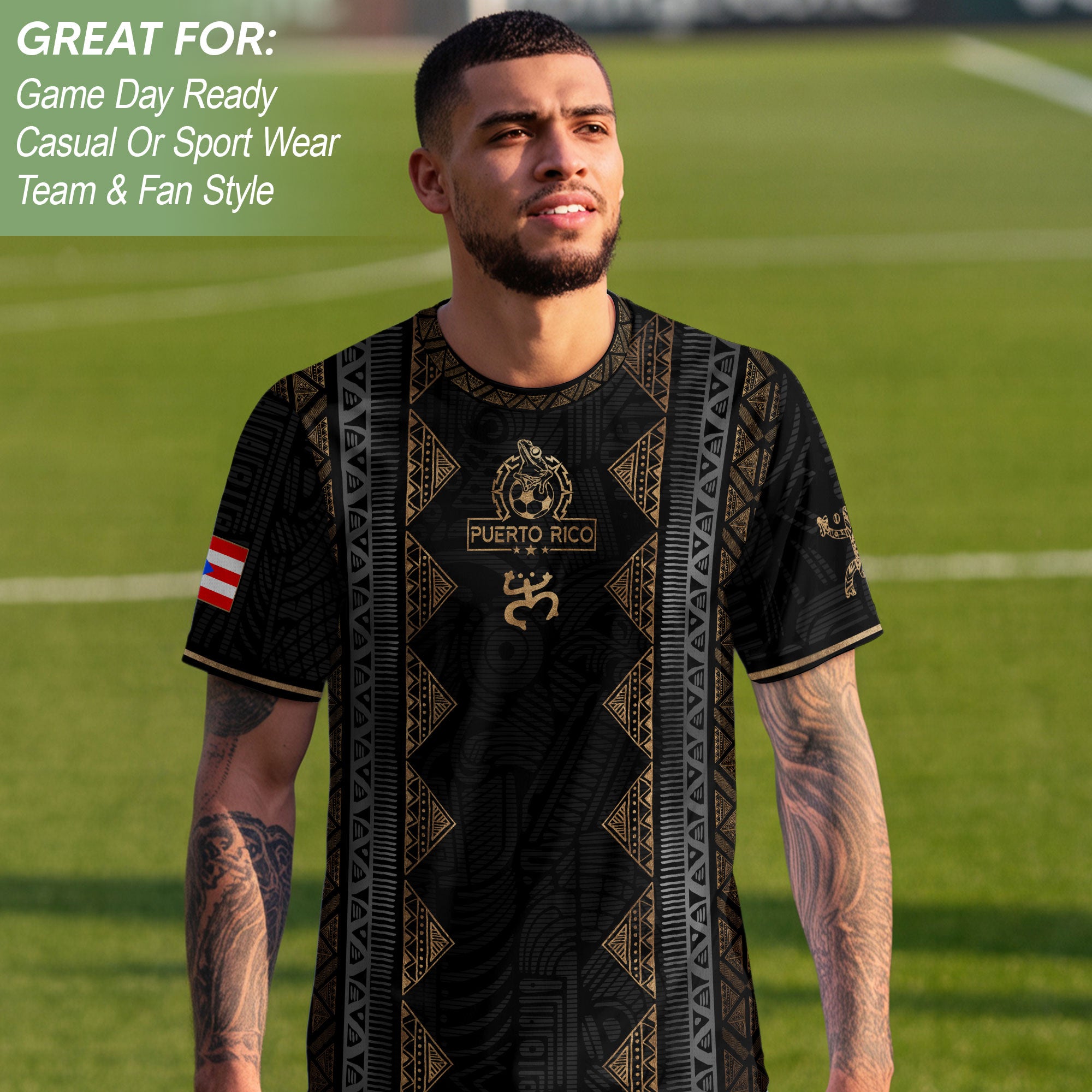 Black Puerto Rico Soccer Jersey - Vertical Taino Tribal Stripe Coqui Heritage Shirt
