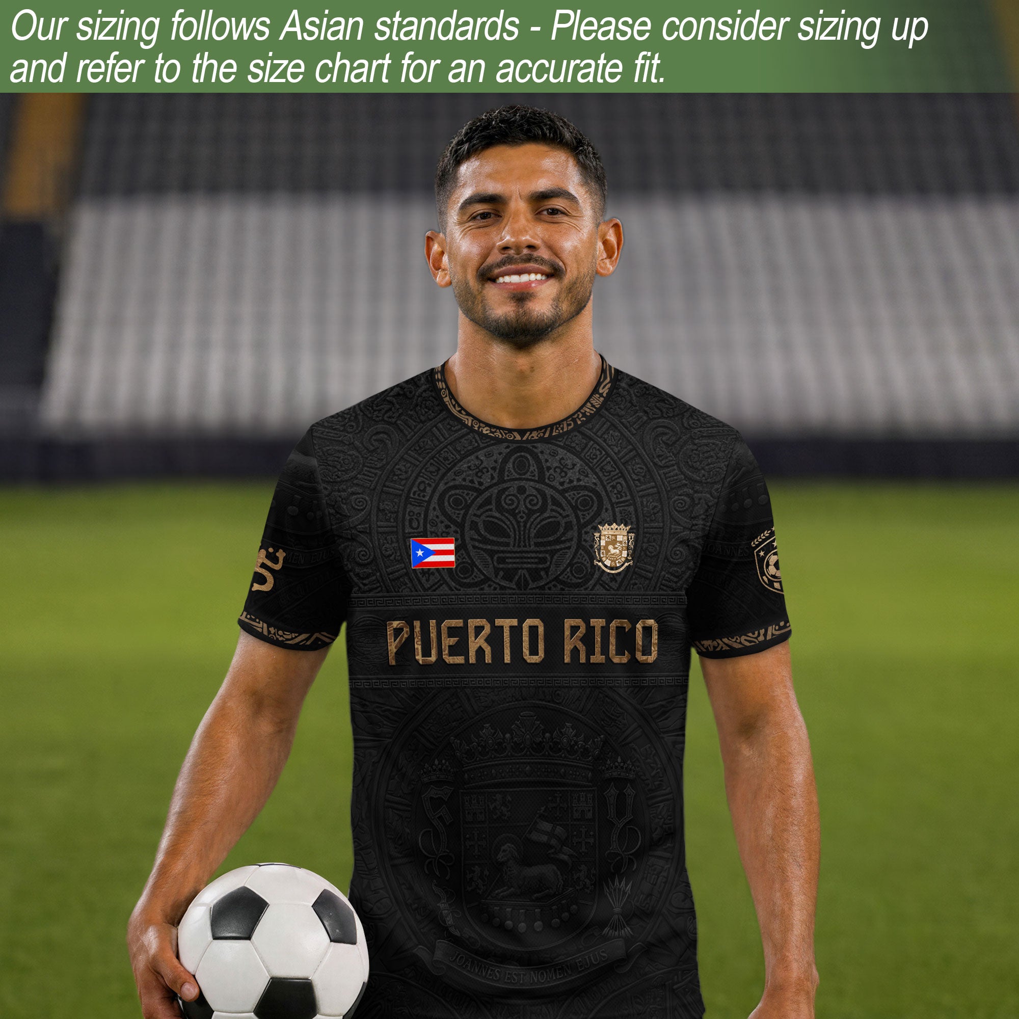 Black Gold Puerto Rico Soccer Jersey Taino Sun & Coat of Arms Football Shirt