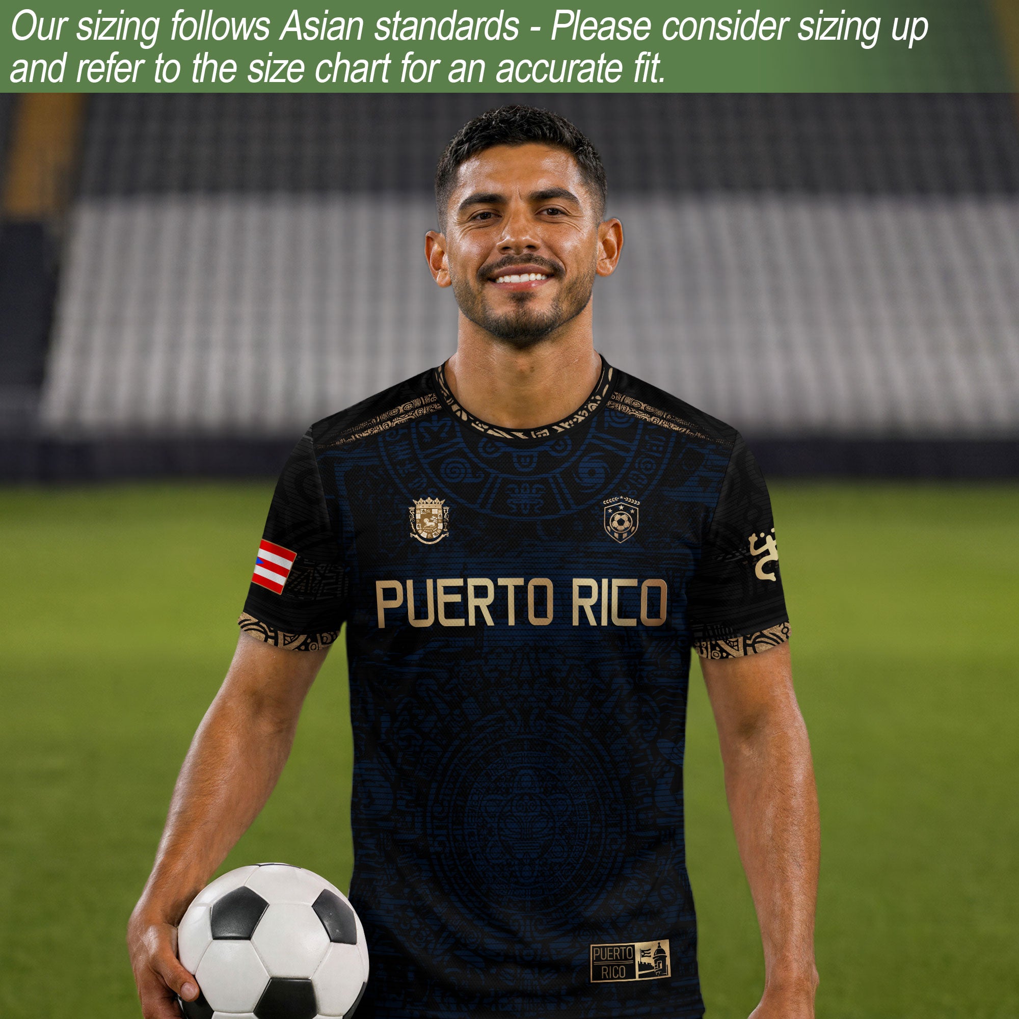 Puerto Rico Soccer Jersey Navy Gold - Taino Sun Calendar Design - Boricua Football Shirt