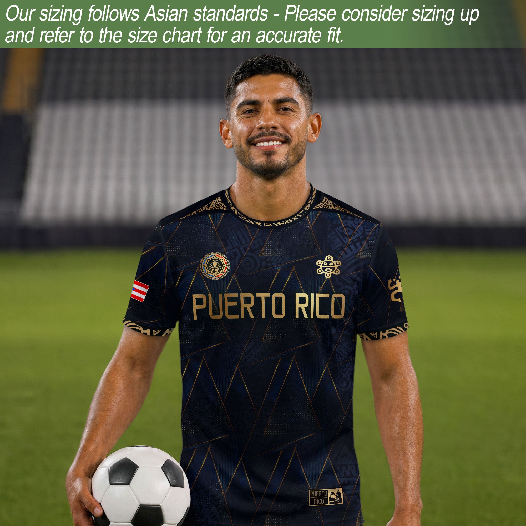 Puerto Rico Soccer Jersey Navy Gold - Geometric Taino Sun Design - Boricua Football Shirt