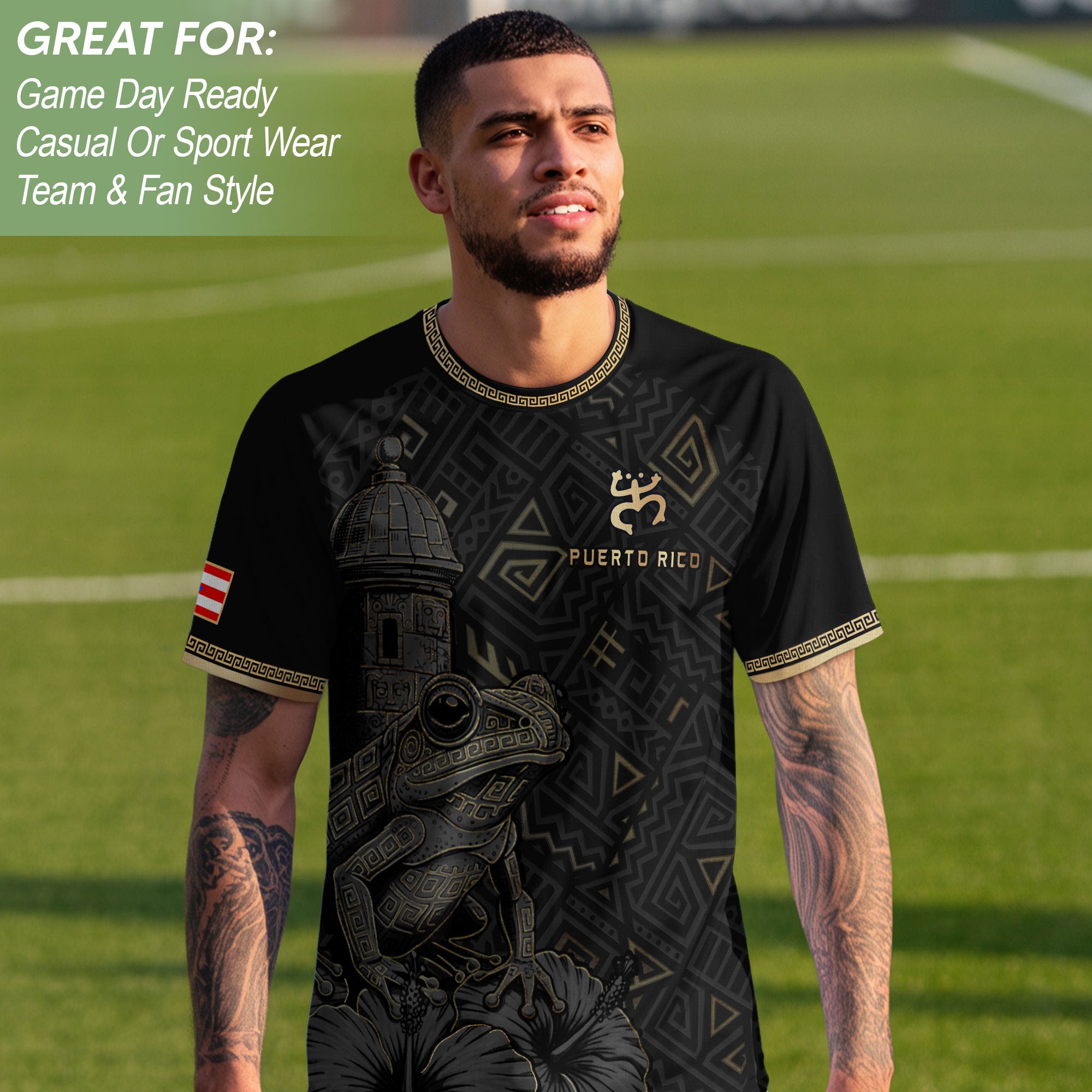 Puerto Rico Soccer Jersey Black Gold Coqui Frog Taino Pattern Patriotic