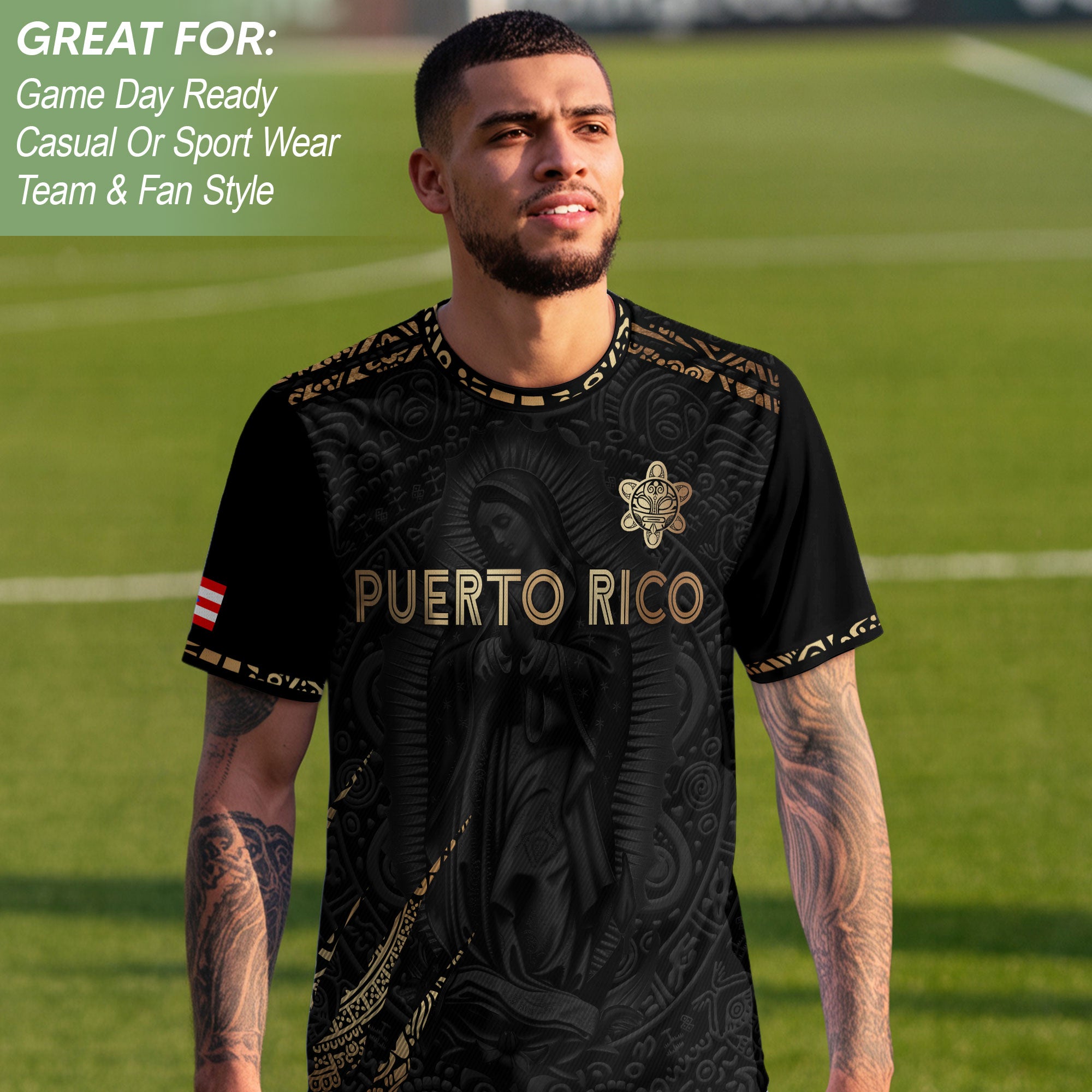 Puerto Rico Soccer Jersey Virgin Mary Guadalupe Taino Pattern Black Gold