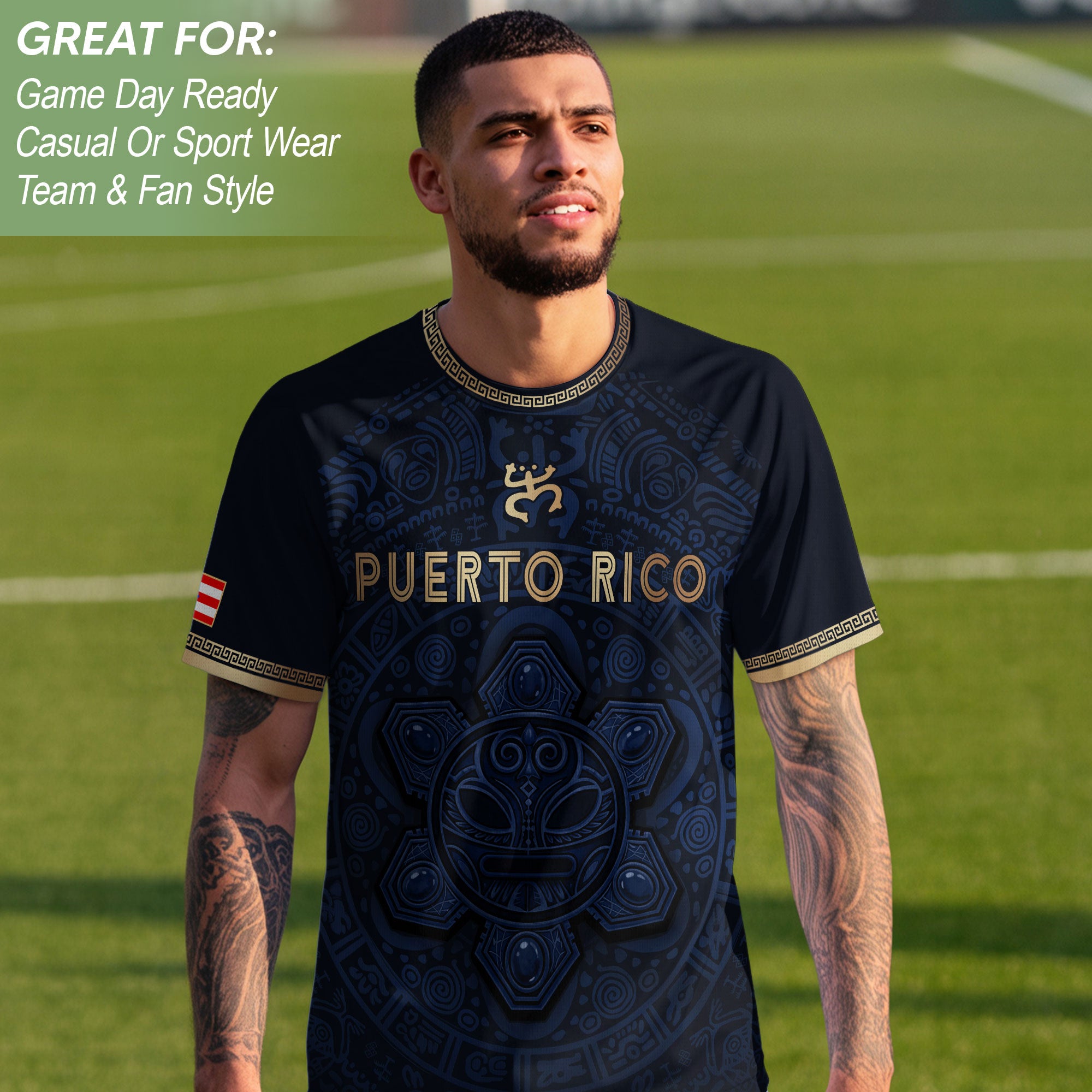 Puerto Rico Soccer Jersey Navy Gold Taino Sun Pattern National Pride Gear