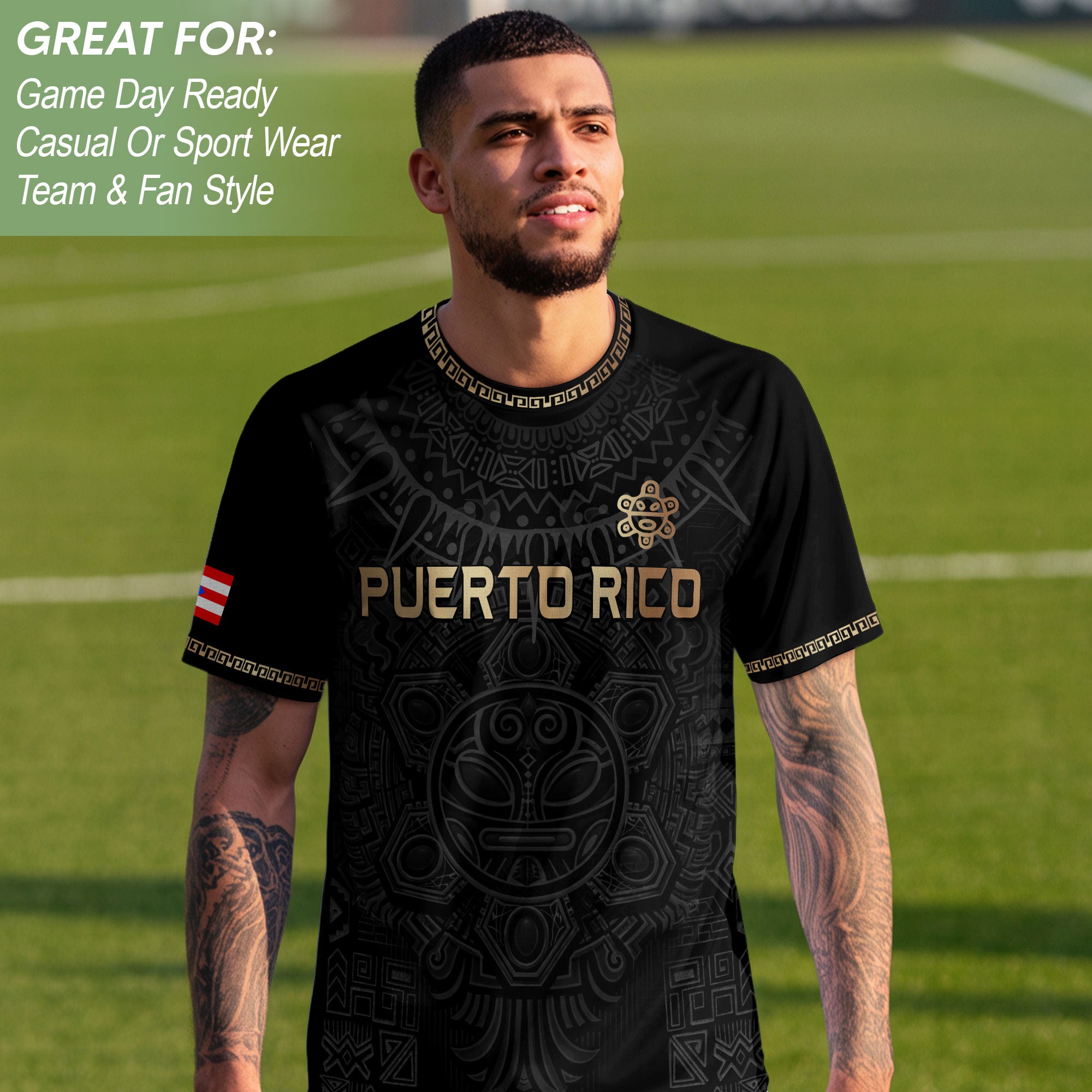 Camiseta de fútbol con máscara taína boricua azul marino de Puerto Rico, bandera tribal, orgullo nacional