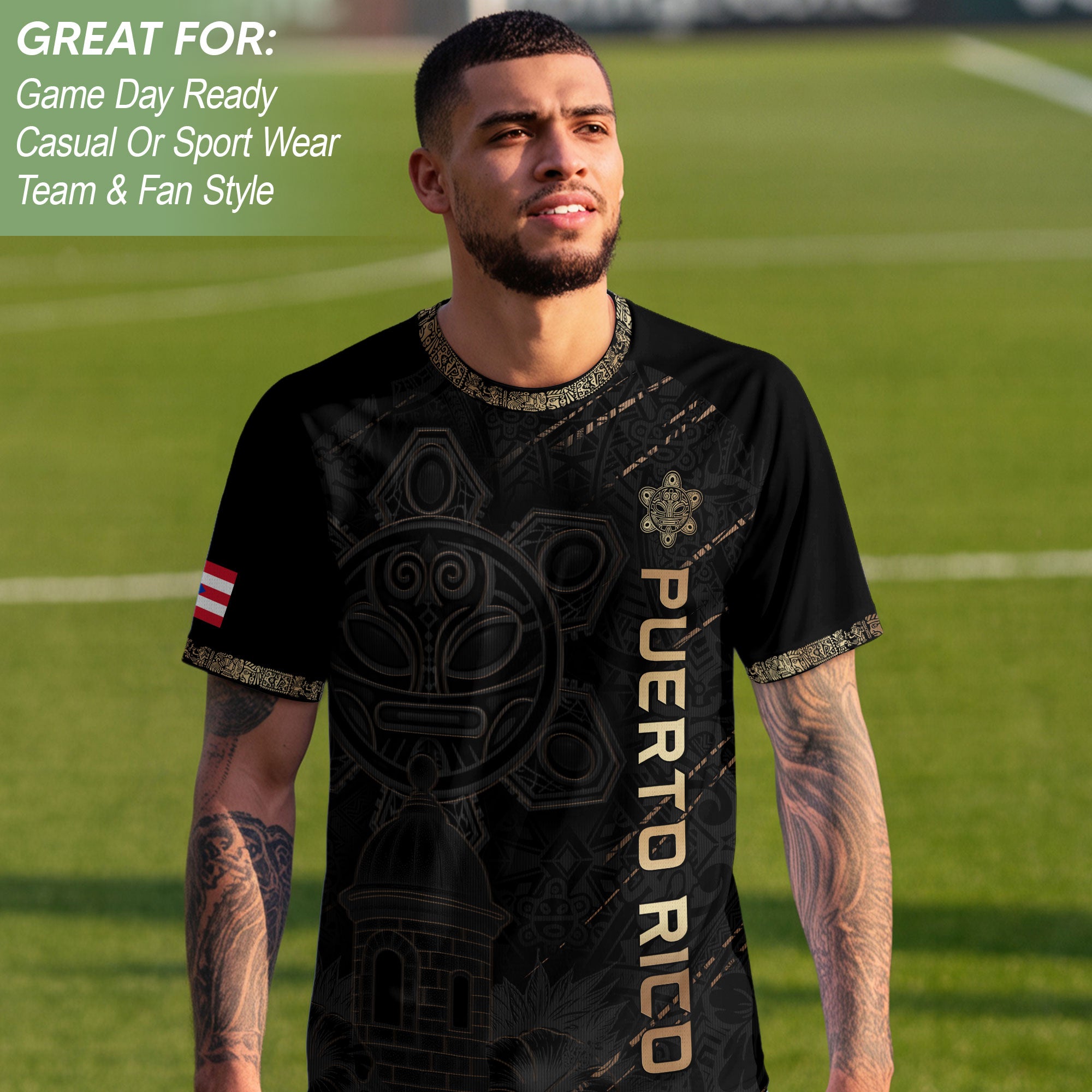 Puerto Rico Soccer Jersey Black Gold Taino Art Patriotic Fan Shirt