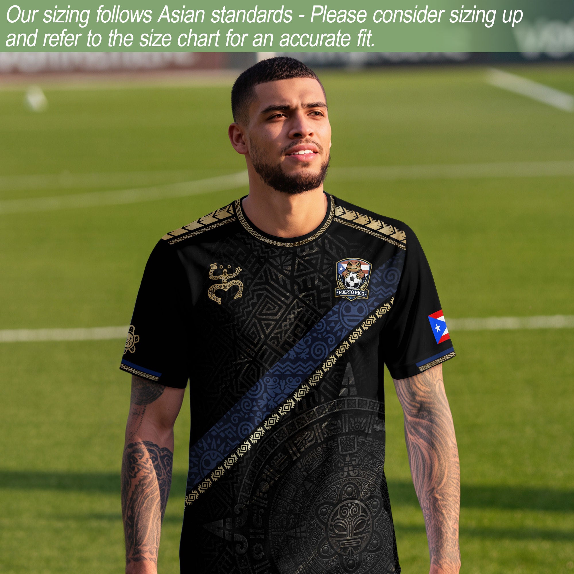 Puerto Rico Heritage Black Sash Graphic Gold Pattern Boricua Pride Soccer Jersey