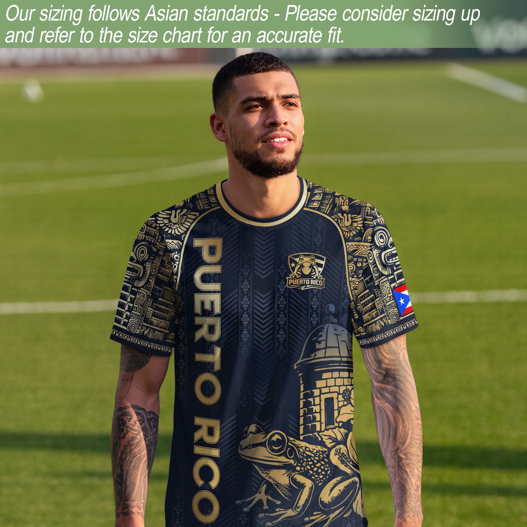 Puerto Rico Heritage Navy Gold Island Spirit Coqui Frog El Morro Graphic Pride Soccer Jersey