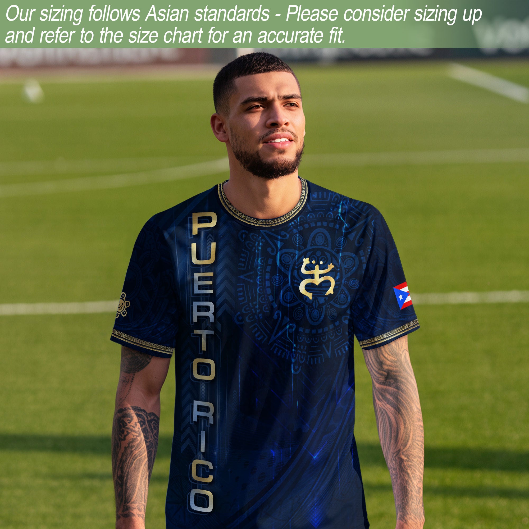 Puerto Rico Heritage Orgullo Boricua Navy Gold Detailed Island Map Coqui Soccer Jersey