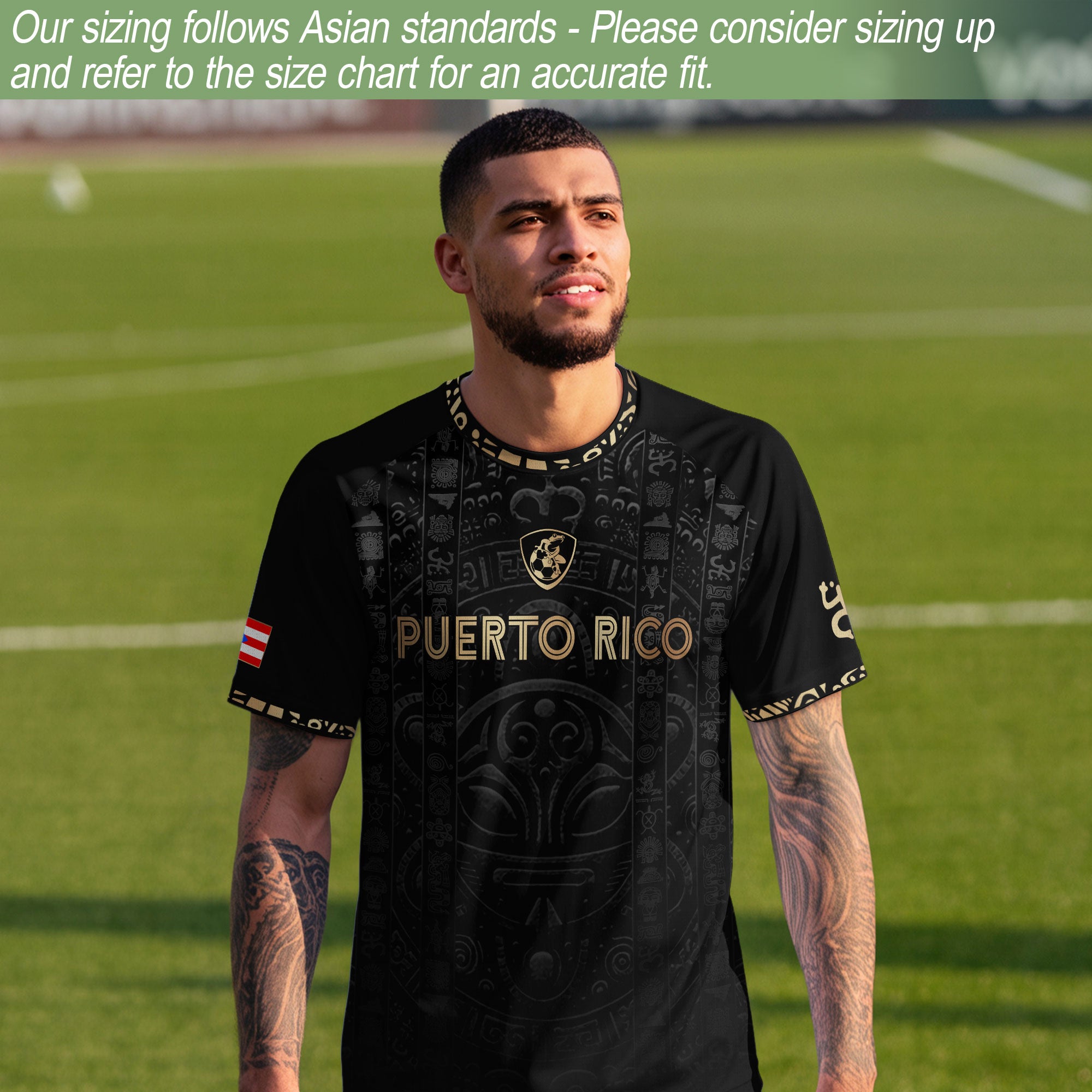 Camiseta de fútbol con máscara taína boricua azul marino de Puerto Rico, bandera tribal, orgullo nacional
