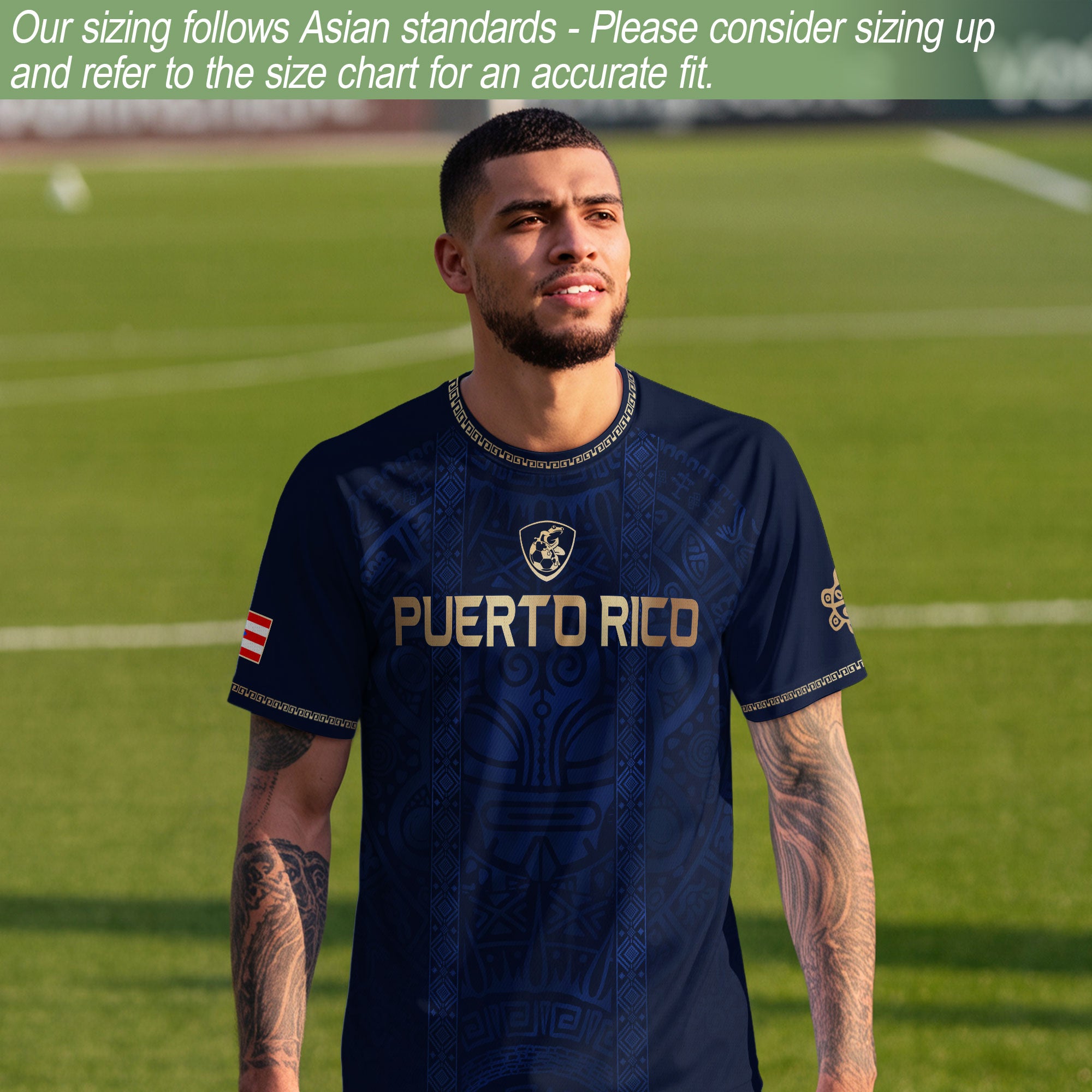 Camiseta de fútbol con máscara taína boricua azul marino de Puerto Rico, bandera tribal, orgullo nacional