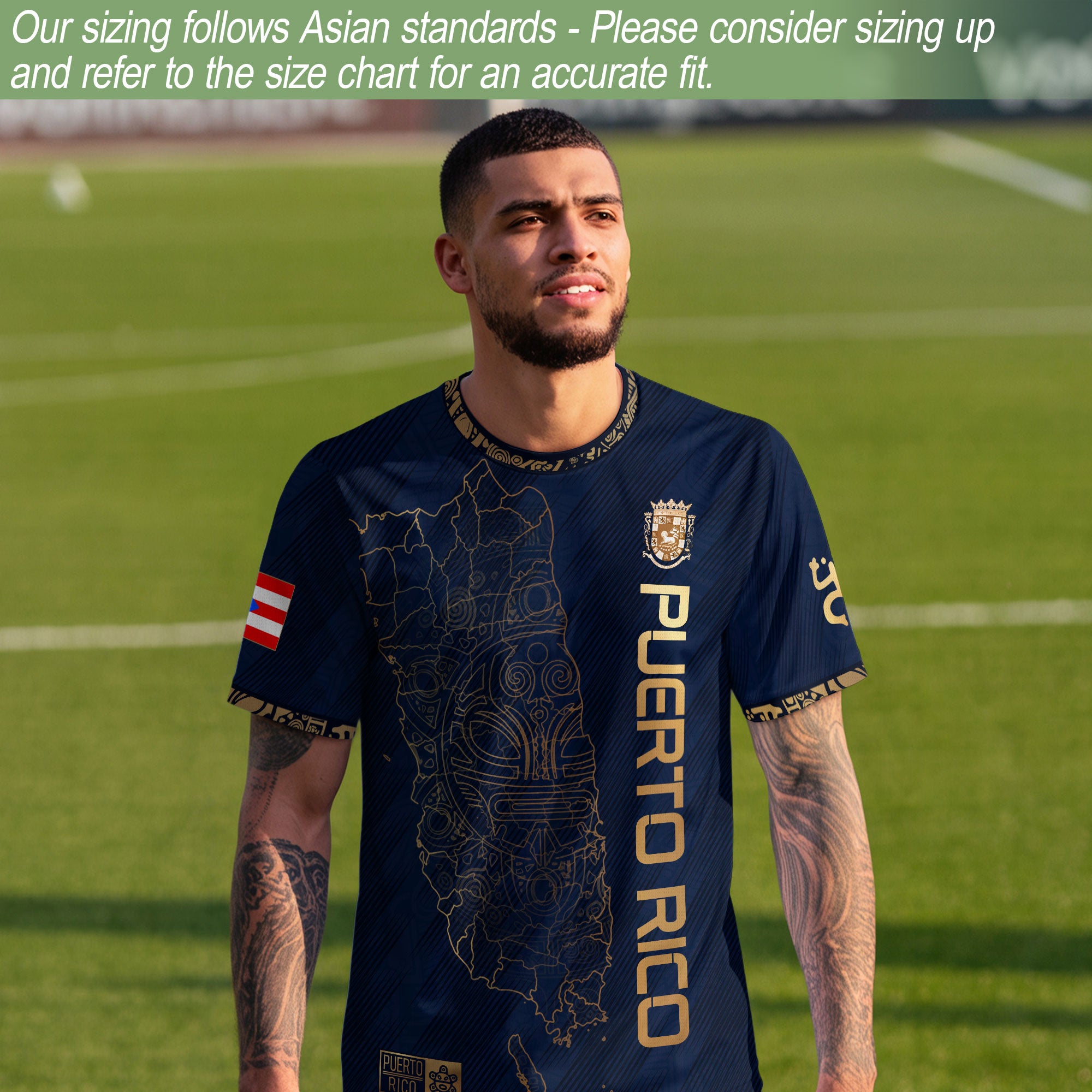 Puerto Rico Soccer Jersey Navy Gold - Puerto Rico Map & Coat of Arms Edition Football Shirt