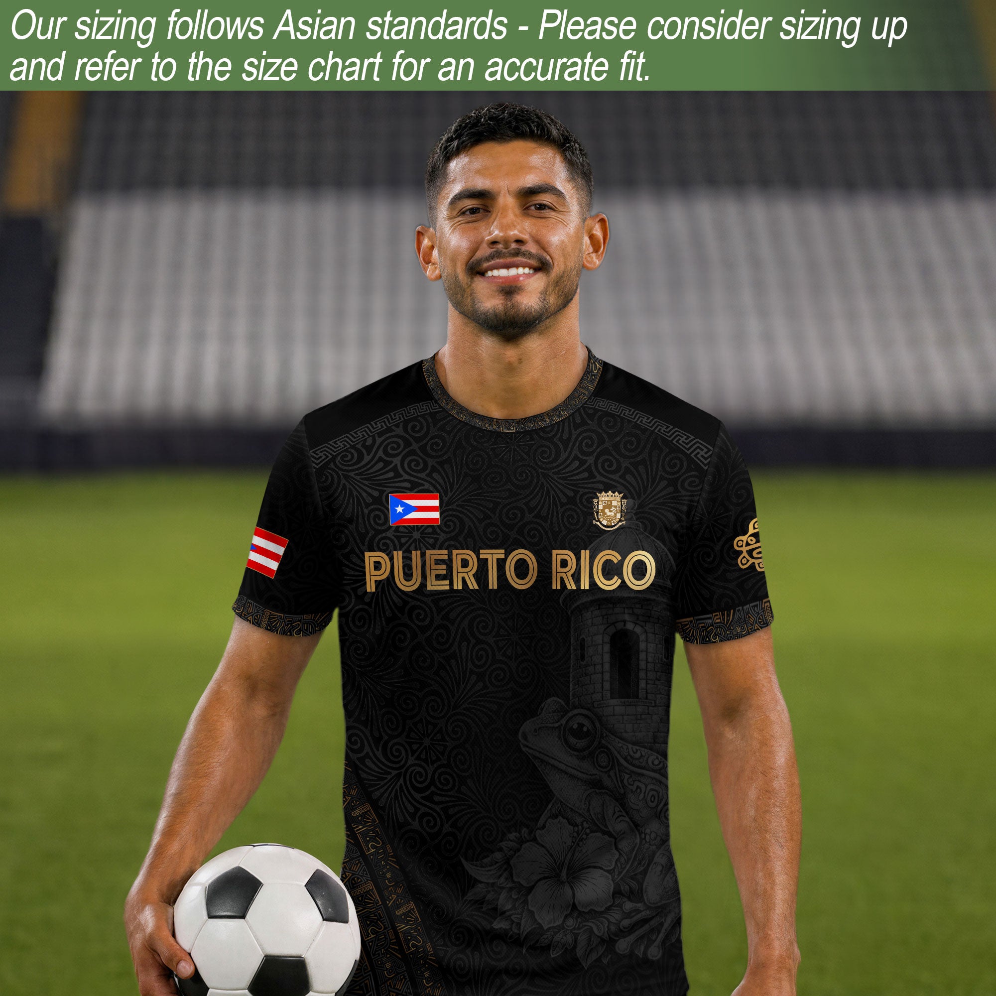 Puerto Rico Soccer Jersey - El Morro & Coqui Frog Design - Taino Sun Tribal Black Gold