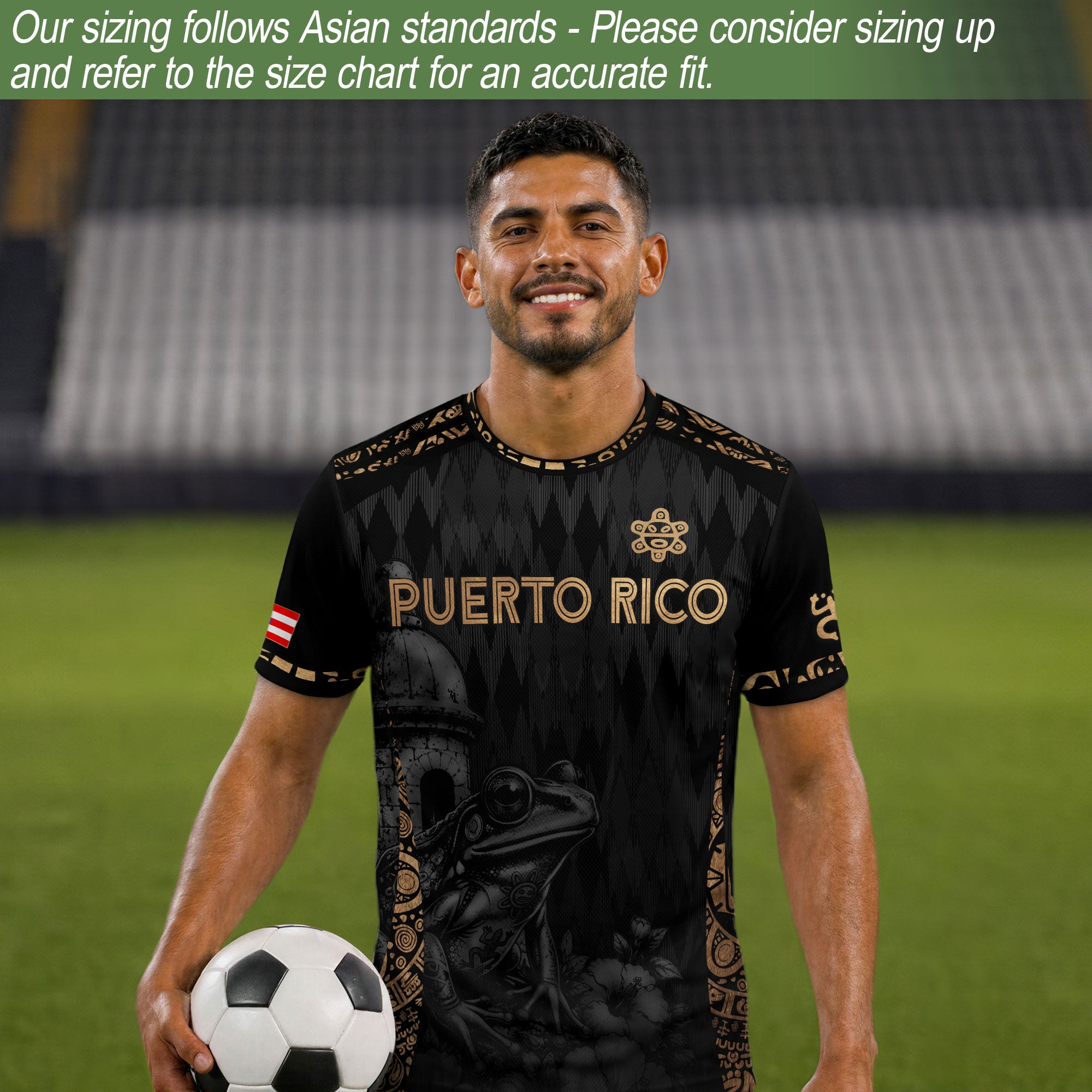 Camiseta de fútbol con máscara taína boricua azul marino de Puerto Rico, bandera tribal, orgullo nacional