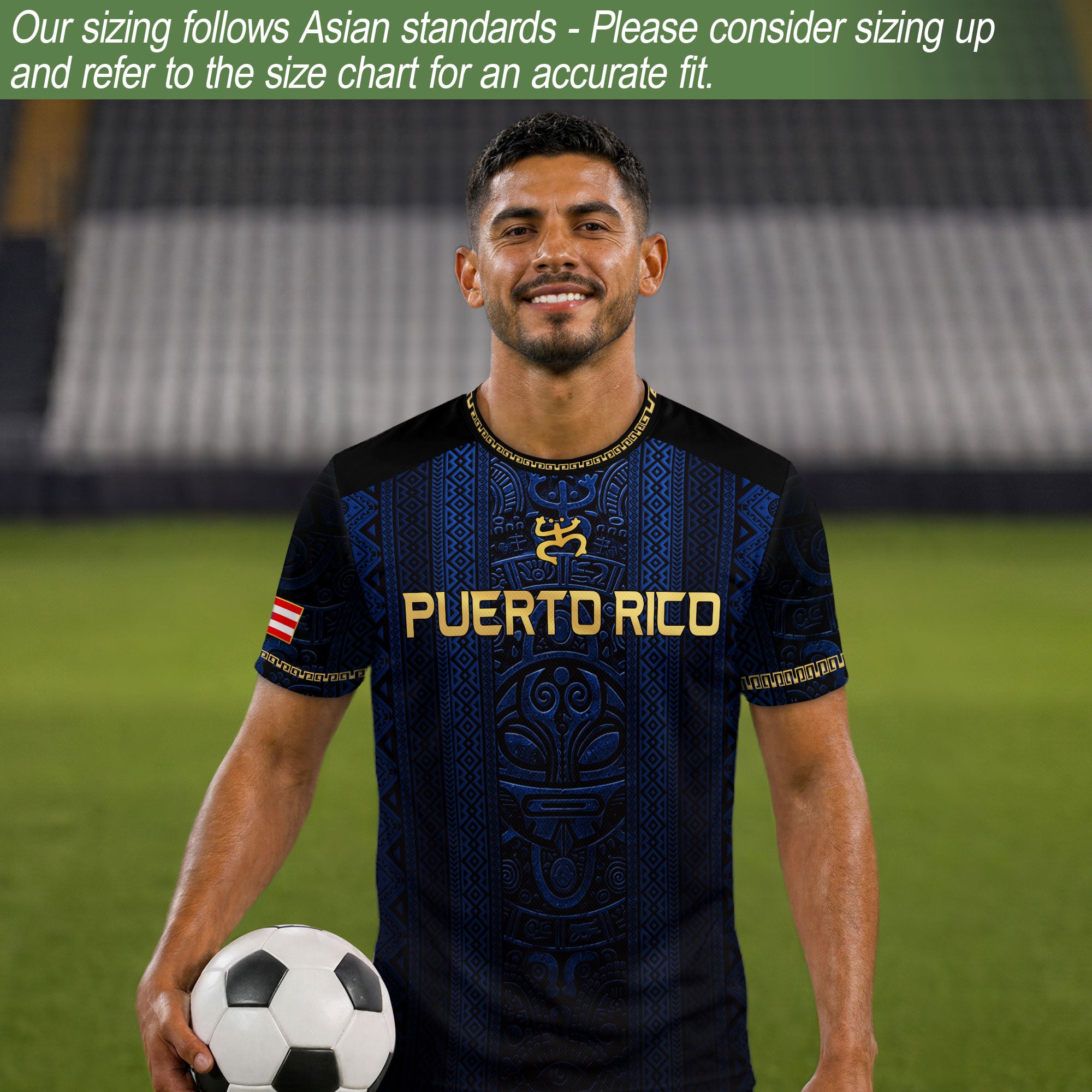 Camiseta de fútbol con máscara taína boricua azul marino de Puerto Rico, bandera tribal, orgullo nacional