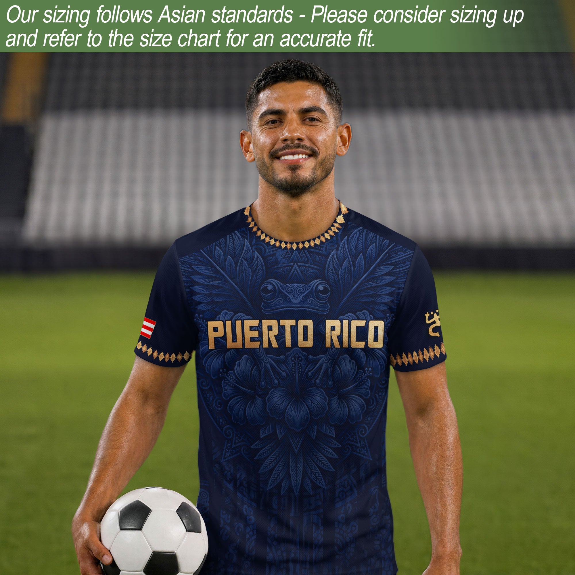 Camiseta de fútbol con máscara taína boricua azul marino de Puerto Rico, bandera tribal, orgullo nacional