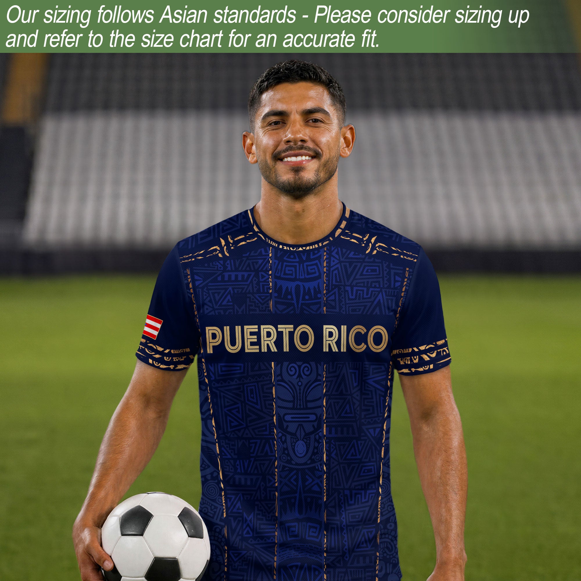 Camiseta de fútbol con máscara taína boricua azul marino de Puerto Rico, bandera tribal, orgullo nacional