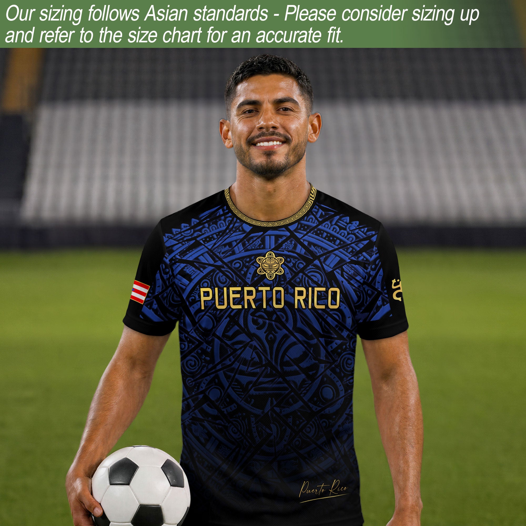 Camiseta de fútbol con máscara taína boricua azul marino de Puerto Rico, bandera tribal, orgullo nacional