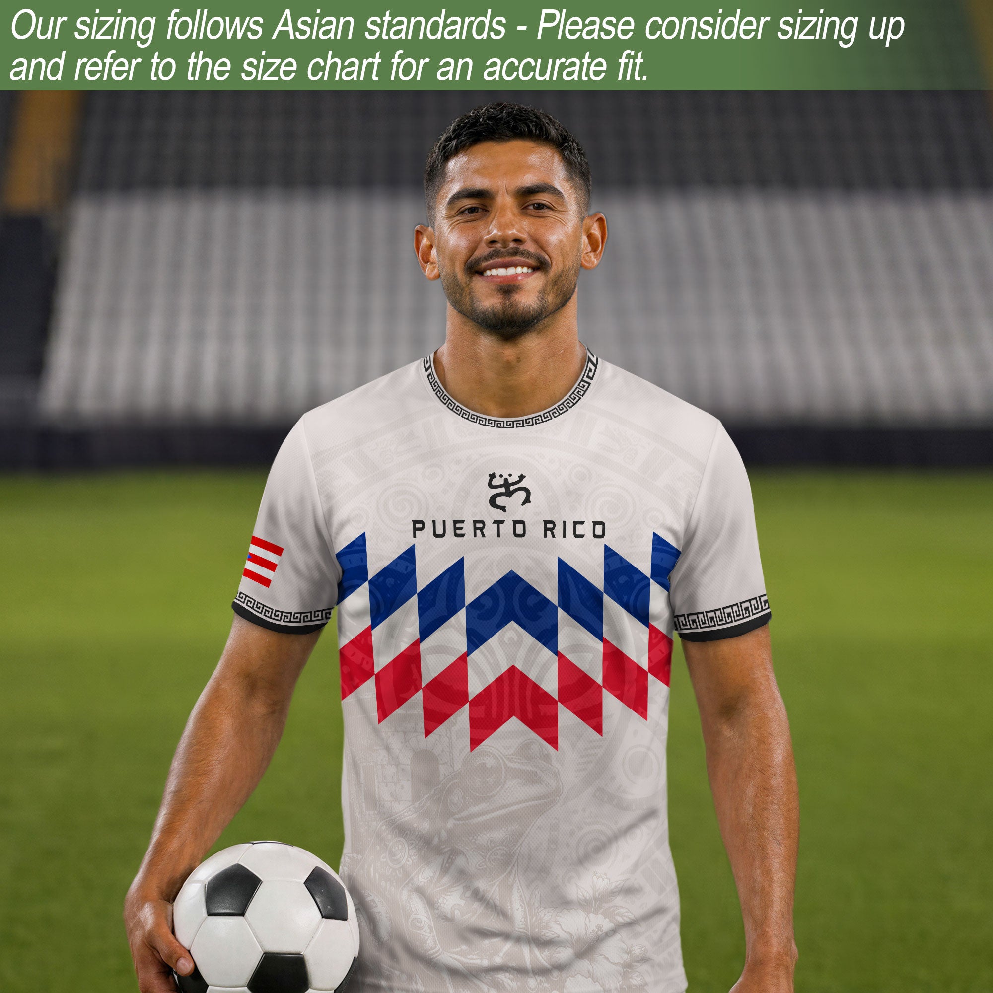 Puerto Rico Soccer Jersey Beige Red Blue Geometric Coqui Tribal Pride Apparel