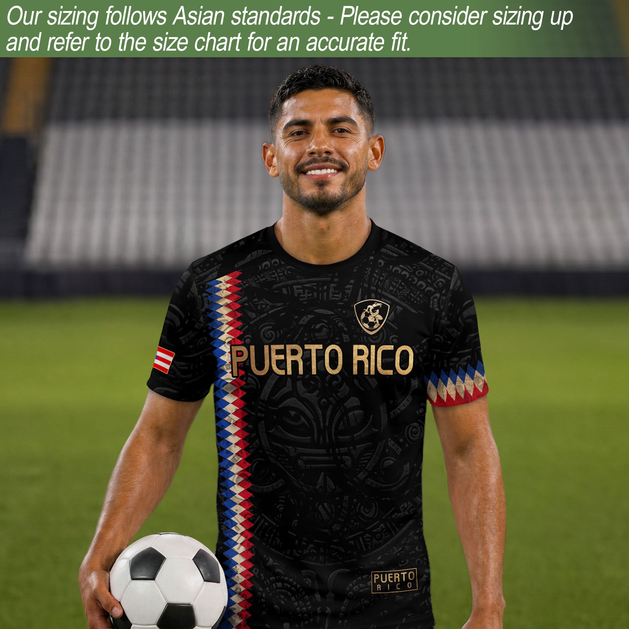 Camiseta de fútbol con máscara taína boricua azul marino de Puerto Rico, bandera tribal, orgullo nacional