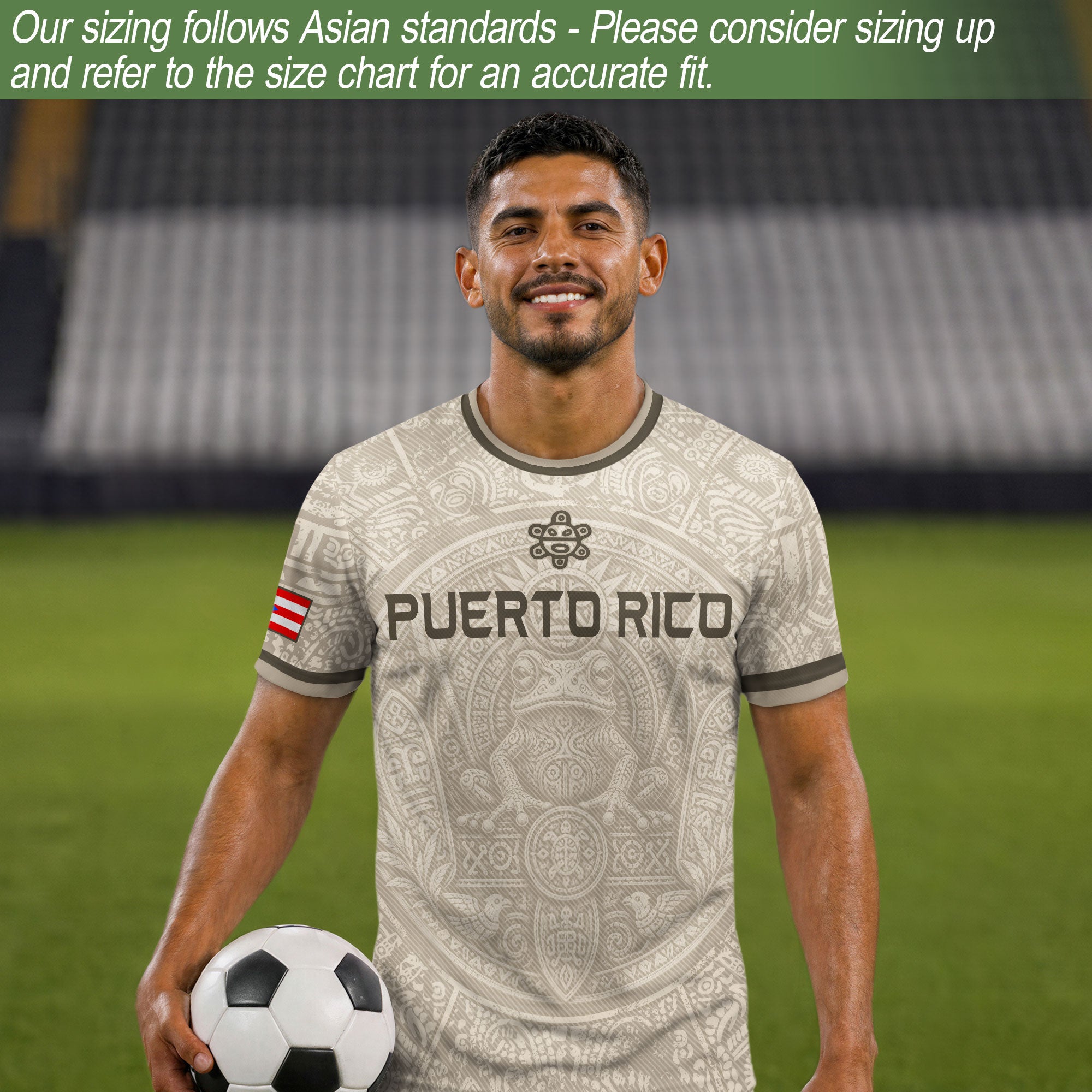 Beige Puerto Rico Soccer Jersey Coqui Frog Taino Sun Graphic Tee Puerto Rican Heritage
