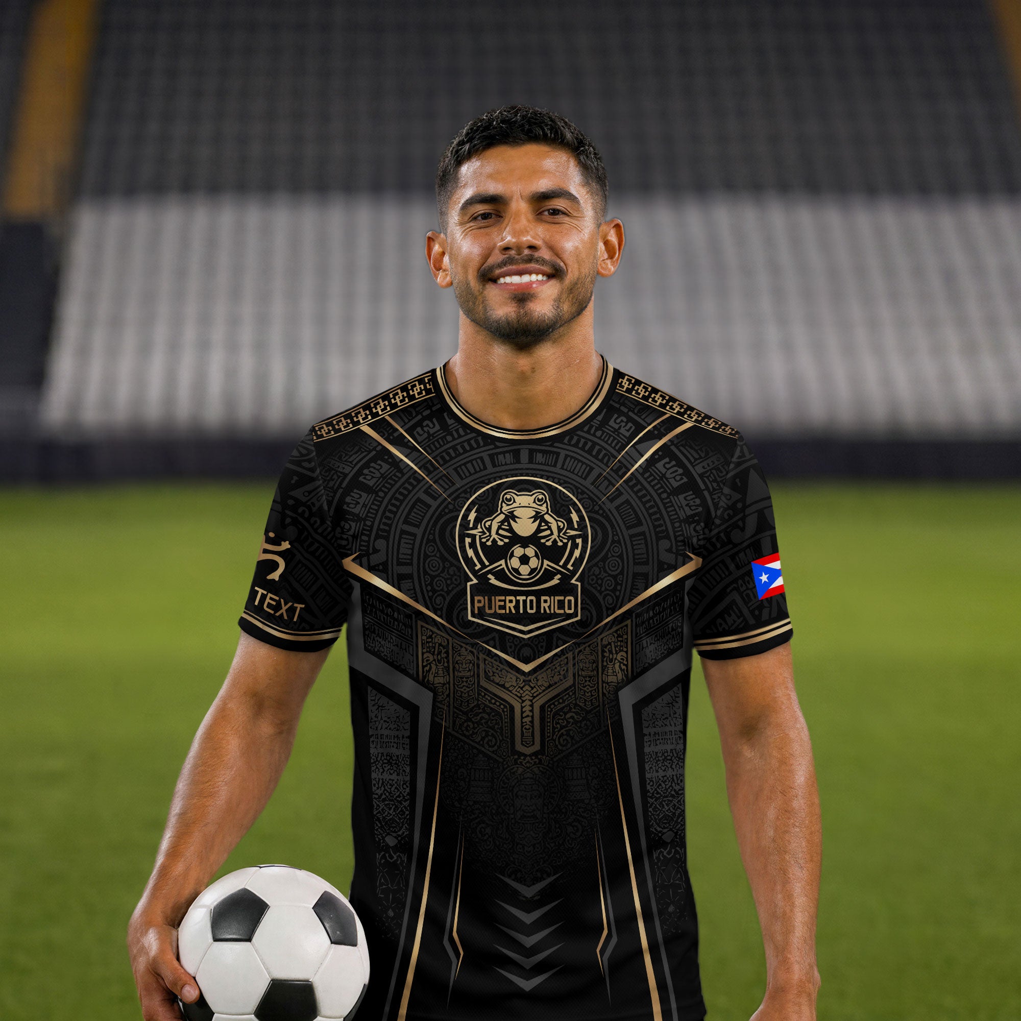 Custom Black Puerto Rico Soccer Jersey Taino Coqui Gold Frog Football Shirt