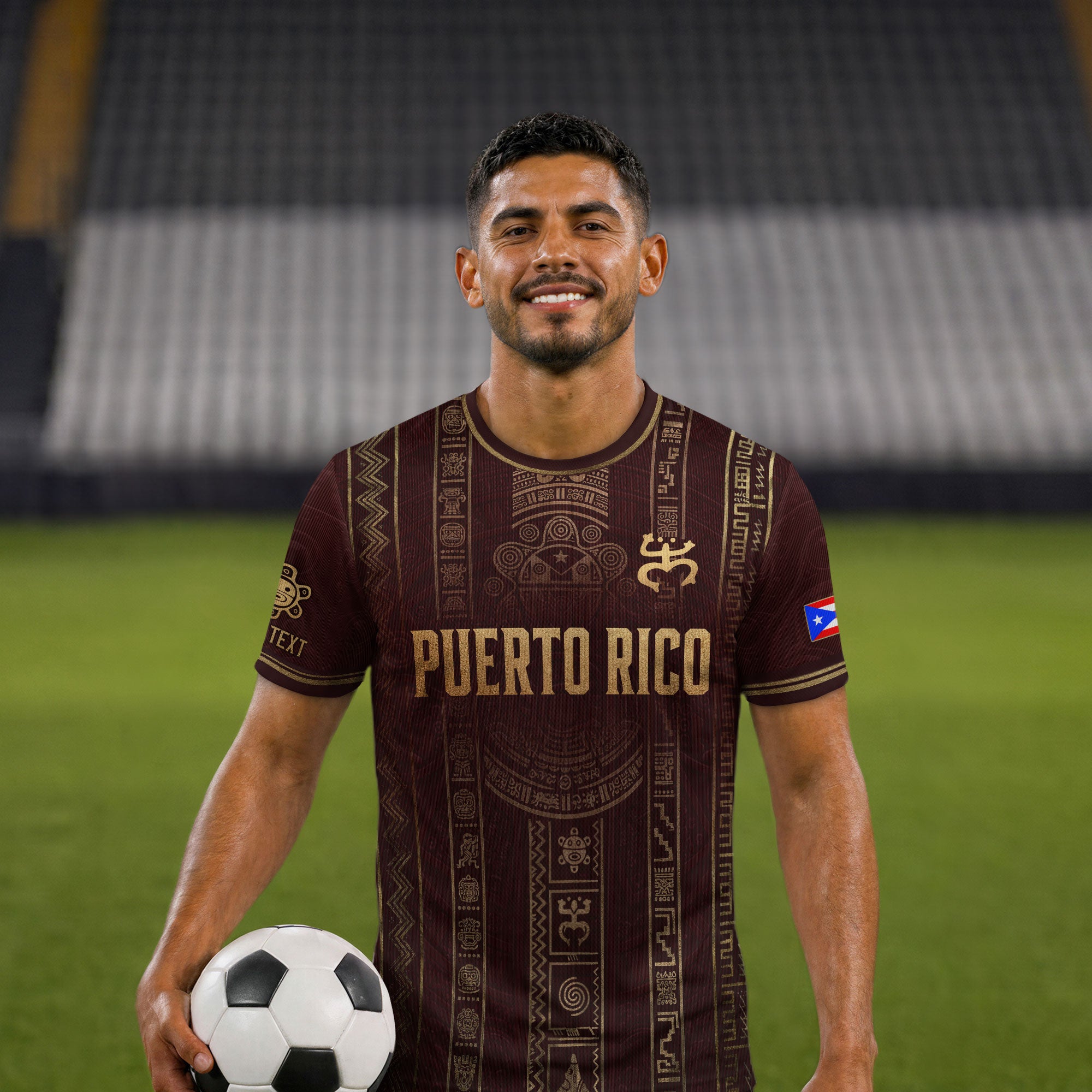 Personalized Puerto Rico Soccer Jersey Maroon Gold Taino Petroglyph Football Shirt