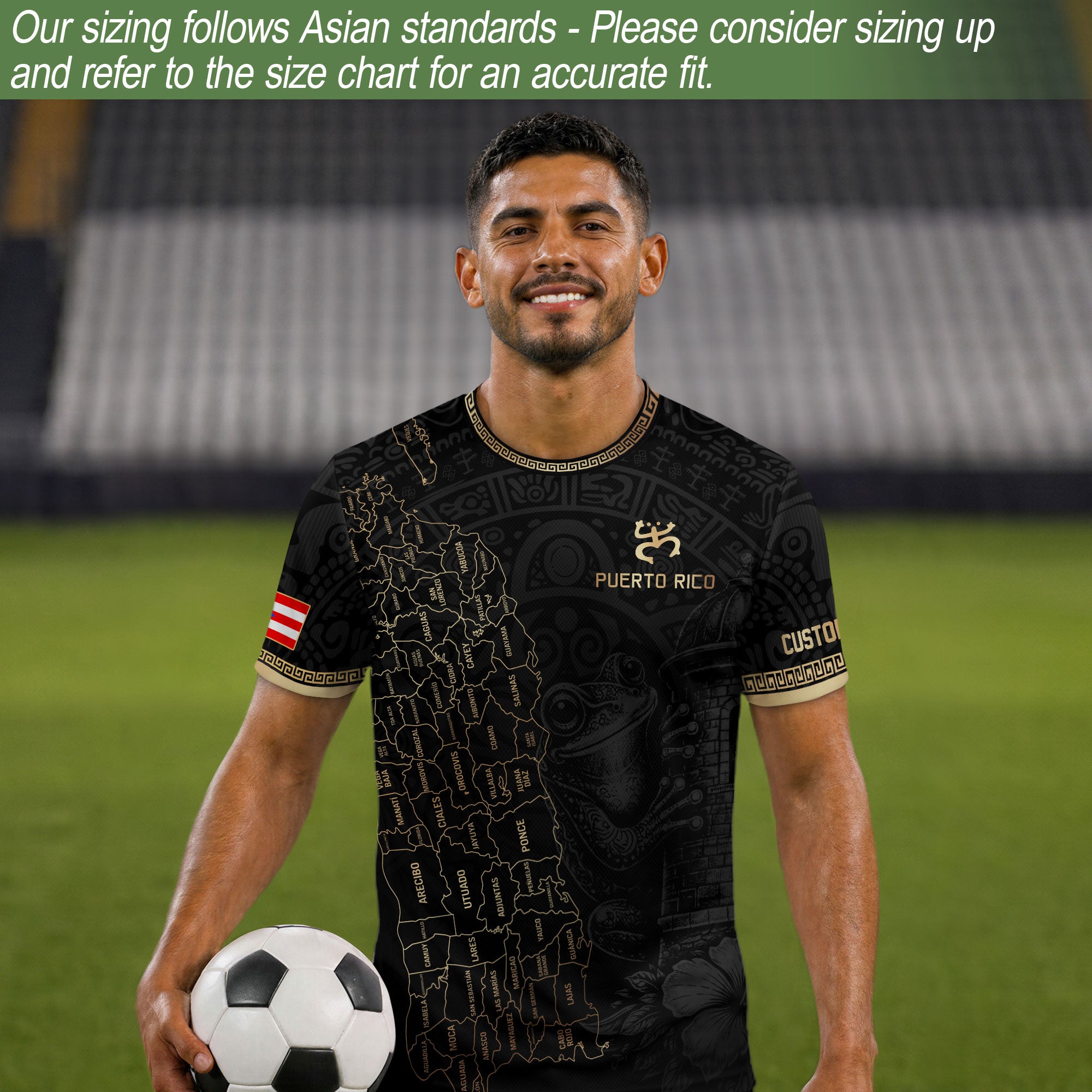 Custom Puerto Rico Soccer Jersey Black Gold Towns Map Coqui Frog Men Women Gift