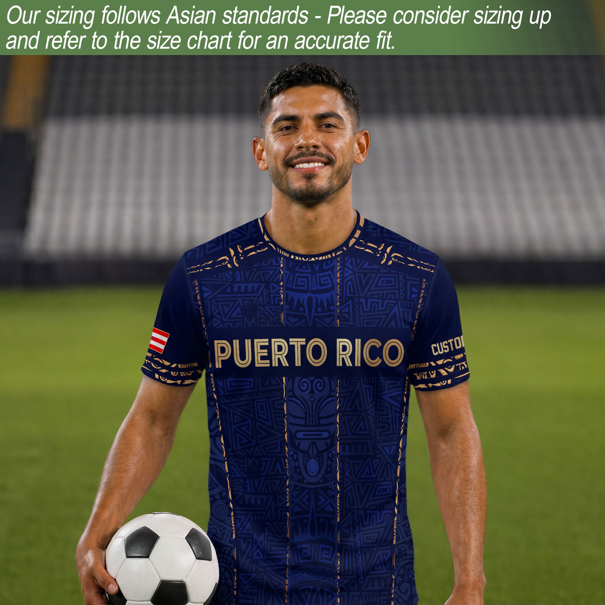 Custom Puerto Rico Soccer Jersey Navy Gold Taino Symbols Boricua Pride