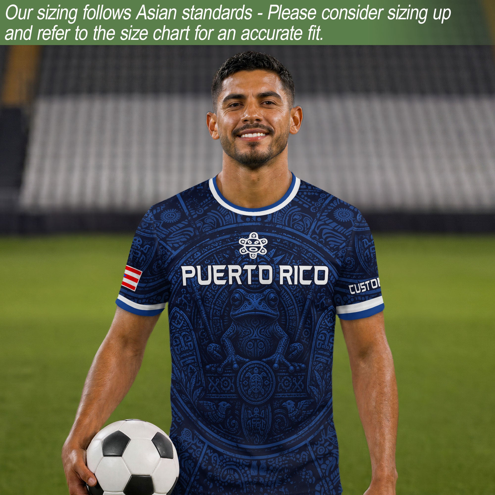 Personalized Puerto Rico Soccer Jersey Navy Blue with Taino Coqui Frog Design