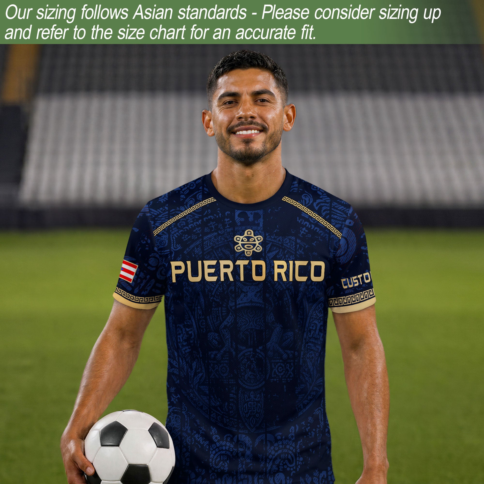 Personalized Name Puerto Rico Soccer Jersey Navy Blue Taino Gold Design Boricua Pride