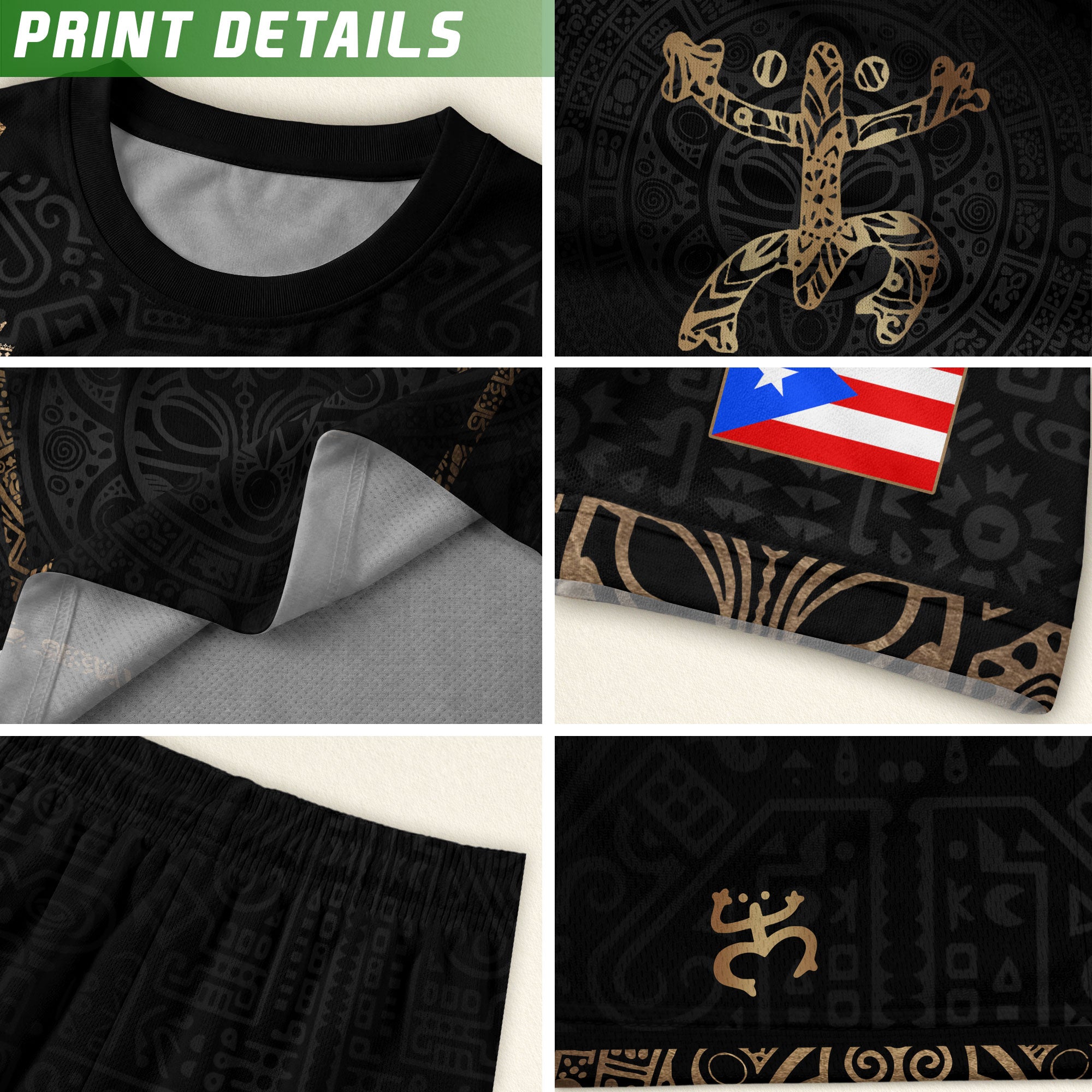 Puerto Rico Soccer Jersey Black Gold - Coquí Frog & Taino Sun - V-Shape Tribal Shirt