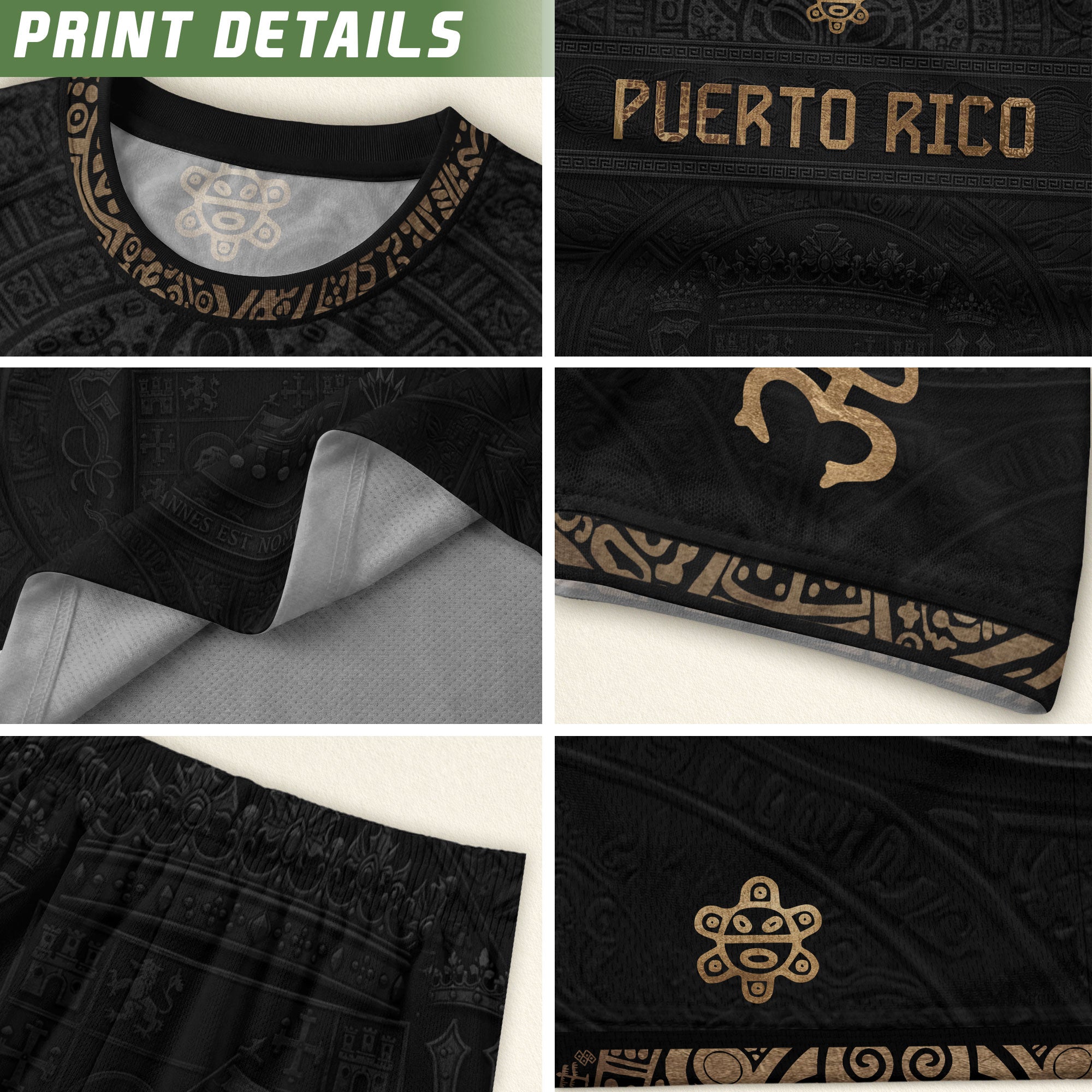 Black Gold Puerto Rico Soccer Jersey Taino Sun & Coat of Arms Football Shirt