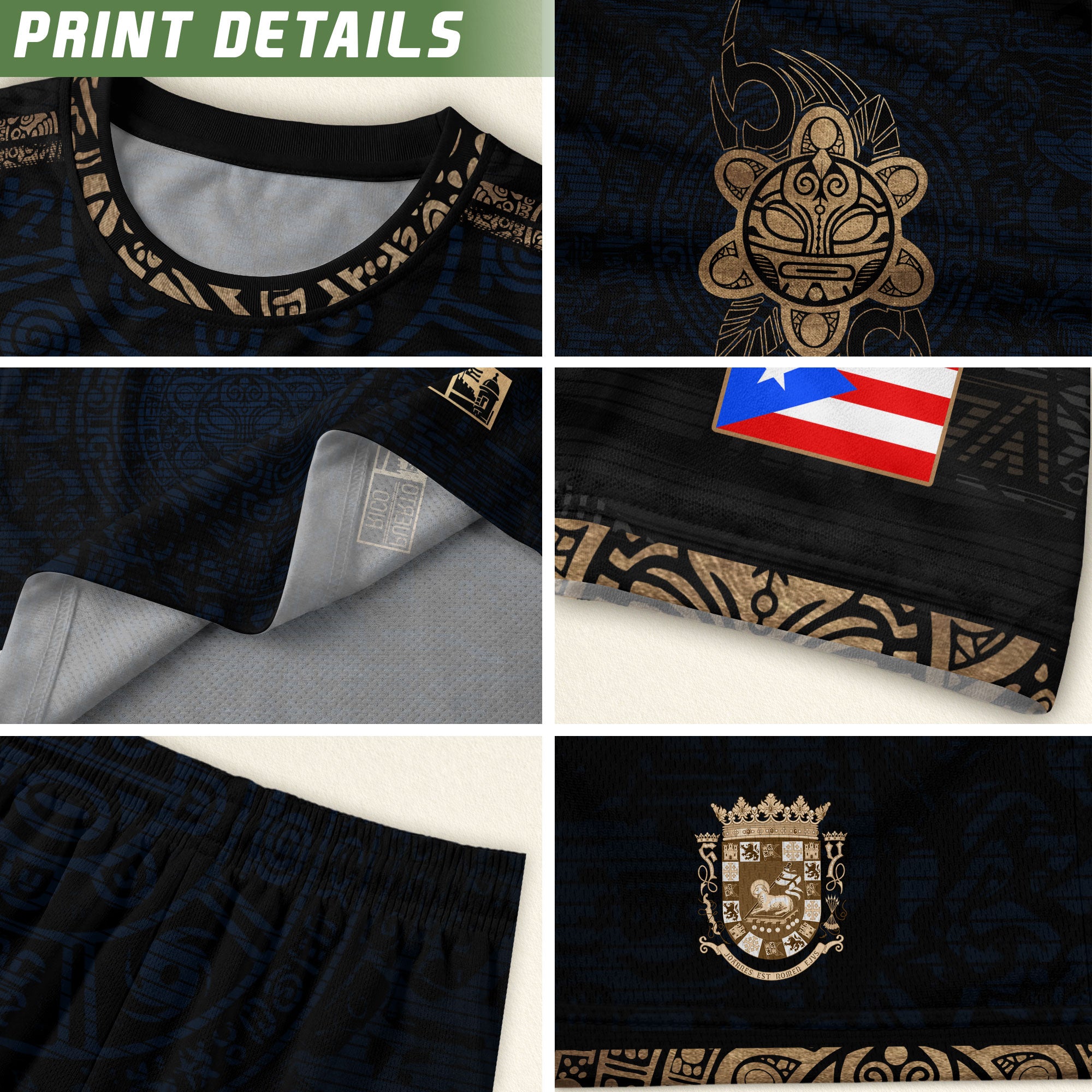 Puerto Rico Soccer Jersey Navy Gold - Taino Sun Calendar Design - Boricua Football Shirt