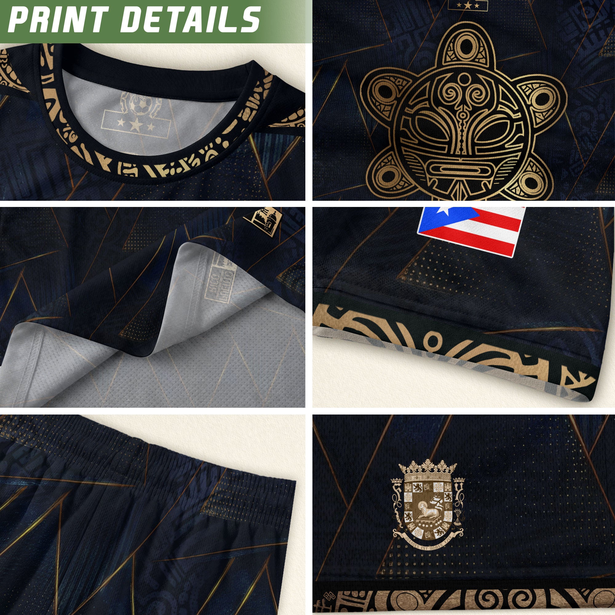Puerto Rico Soccer Jersey Navy Gold - Geometric Taino Sun Design - Boricua Football Shirt