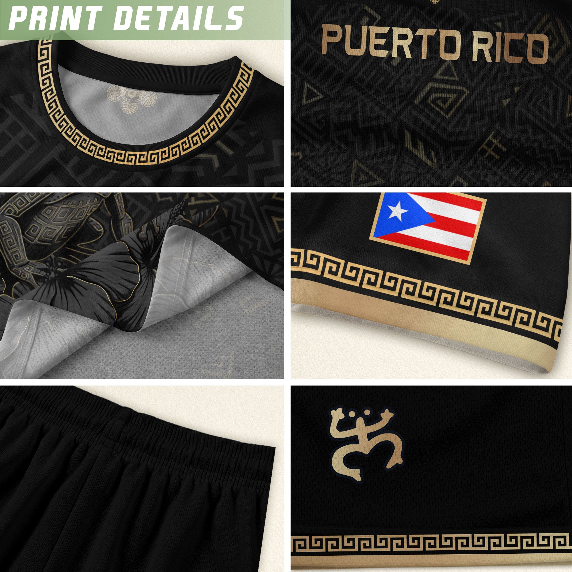 Puerto Rico Soccer Jersey Black Gold Coqui Frog Taino Pattern Patriotic