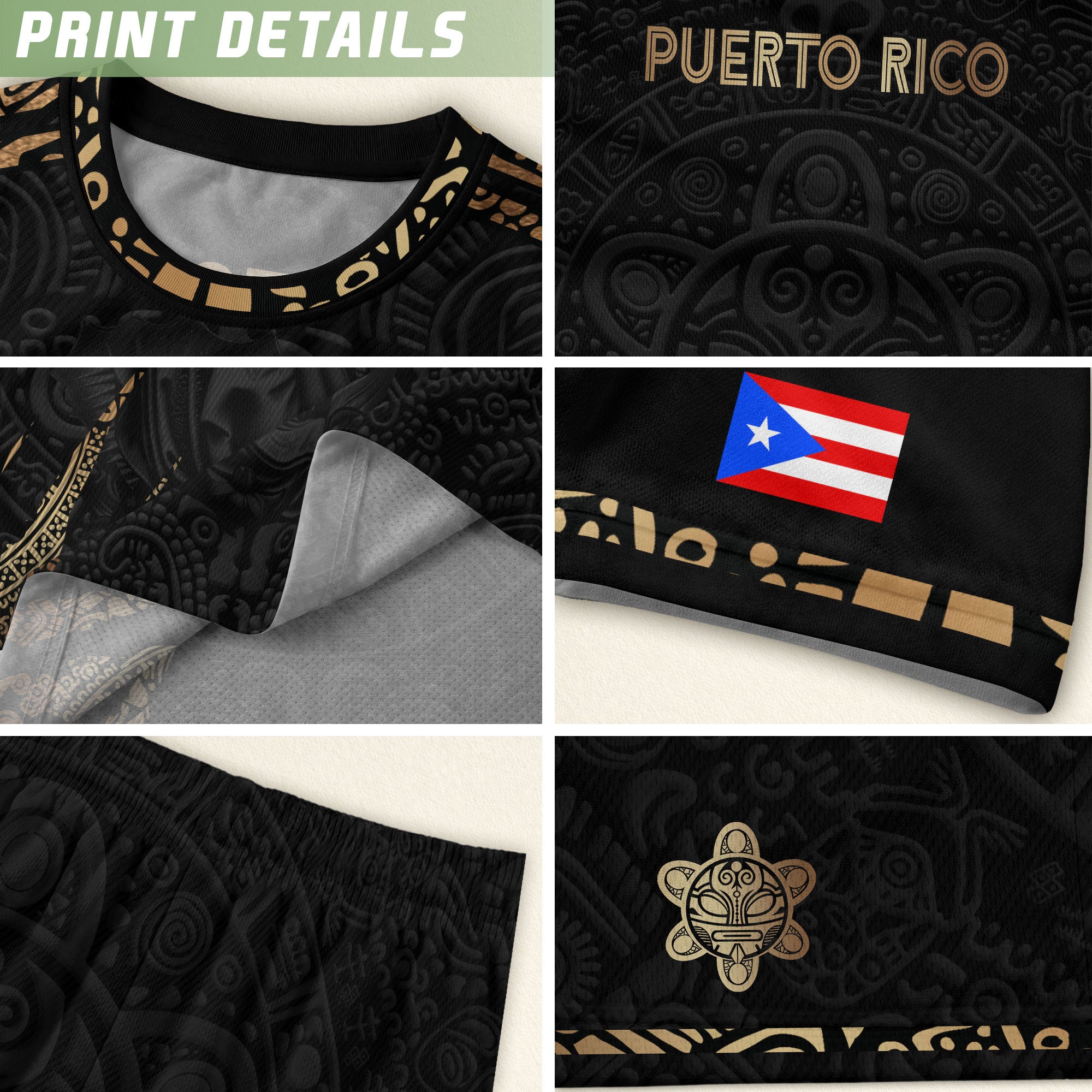 Puerto Rico Soccer Jersey Virgin Mary Guadalupe Taino Pattern Black Gold