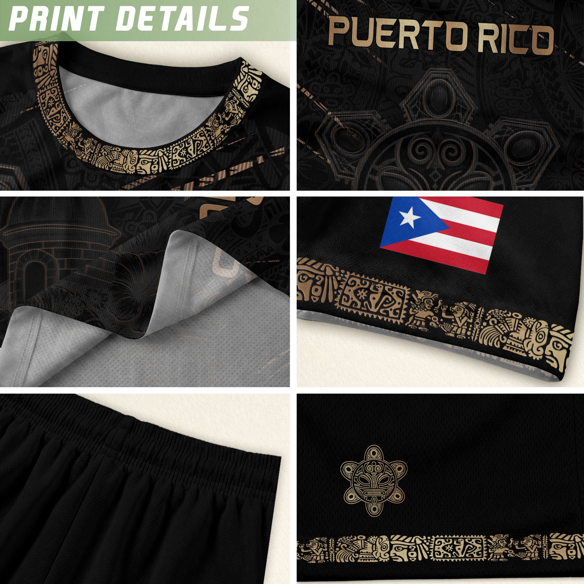 Puerto Rico Soccer Jersey Black Gold Taino Art Patriotic Fan Shirt
