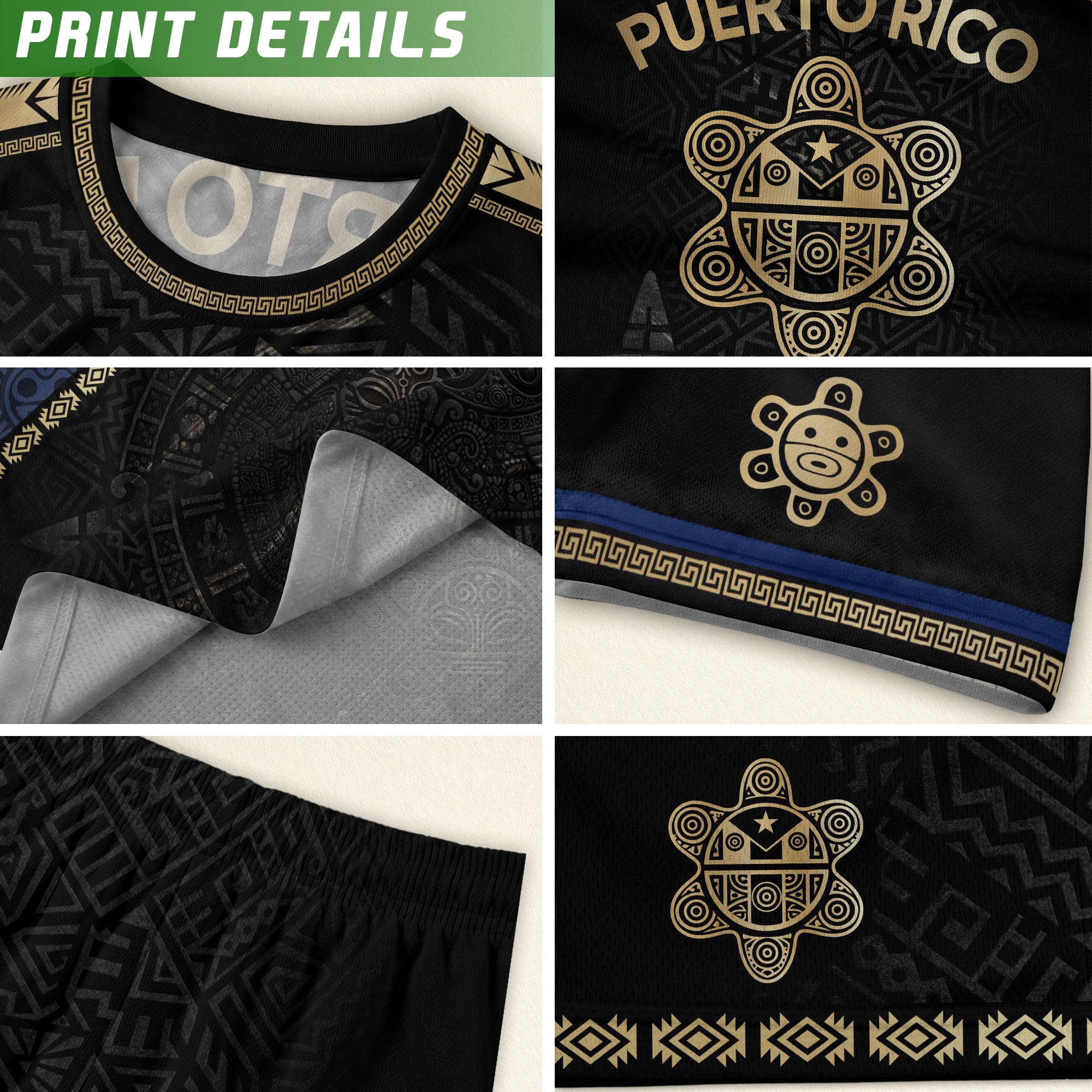 Puerto Rico Heritage Black Sash Graphic Gold Pattern Boricua Pride Soccer Jersey