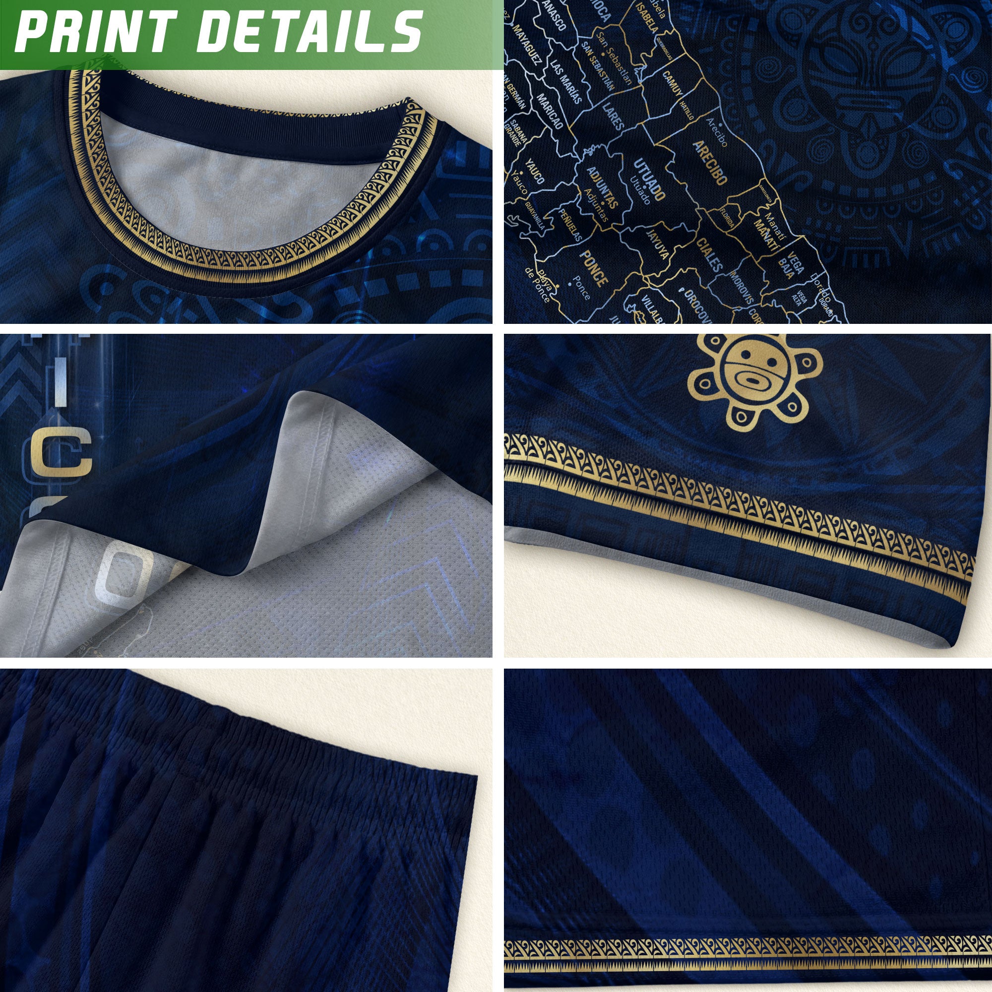 Puerto Rico Heritage Orgullo Boricua Navy Gold Detailed Island Map Coqui Soccer Jersey