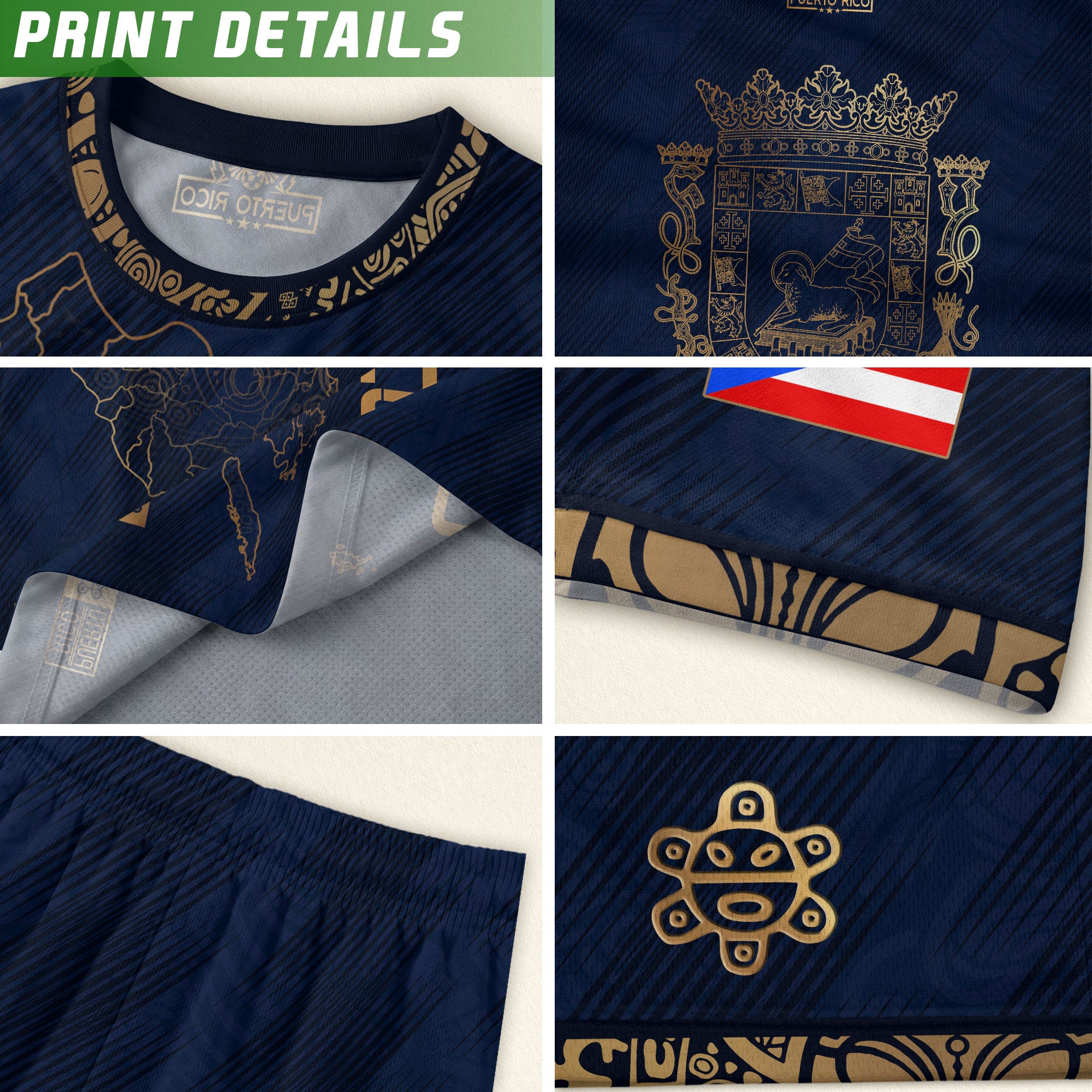 Puerto Rico Soccer Jersey Navy Gold - Puerto Rico Map & Coat of Arms Edition Football Shirt